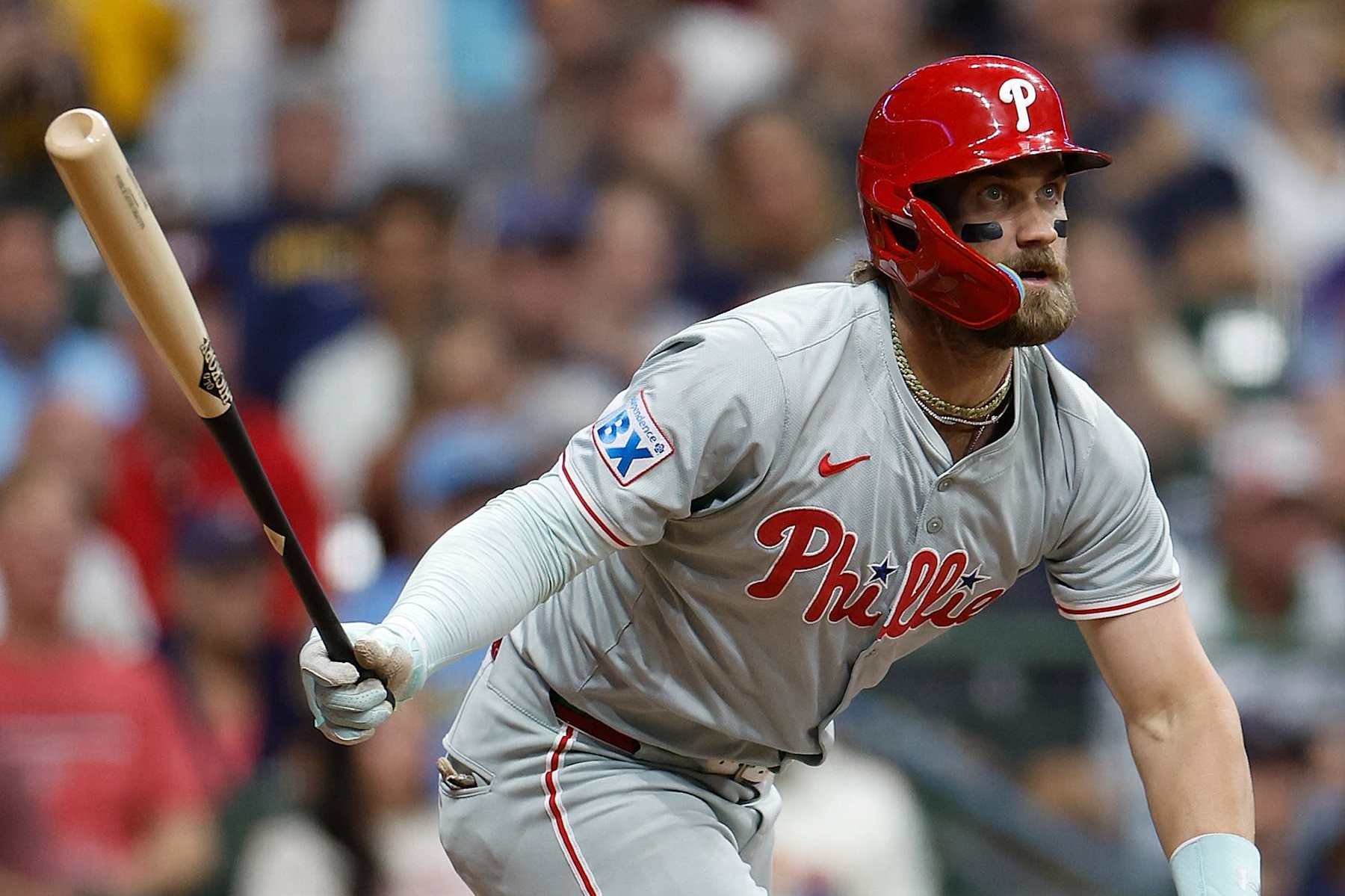 MILWAUKEE, WISCONSIN - SEPTEMBER 18: Bryce Harper #3 of the Philadelphia Phillies up to bat during the game against the Milwaukee Brewers at American Family Field on September 18, 2024 in Milwaukee, Wisconsin. (Photo by John Fisher/Getty Images)