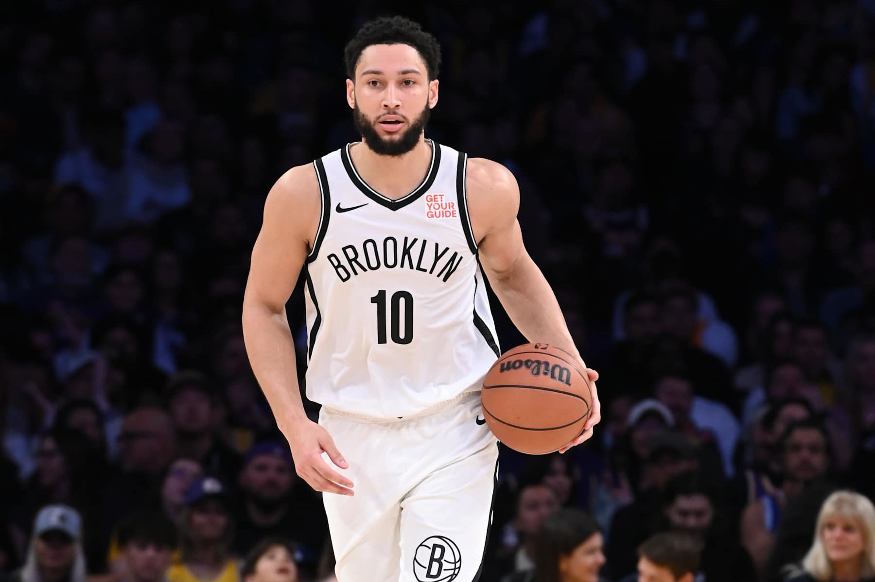 LOS ANGELES, CA - JANUARY 17: Ben Simmons #10 of the Brooklyn Nets dribbles the ball during the game against the Los Angeles Lakers on January 17, 2025 at Crypto.Com Arena in Los Angeles, California. NOTE TO USER: User expressly acknowledges and agrees that, by downloading and/or using this Photograph, user is consenting to the terms and conditions of the Getty Images License Agreement. Mandatory Copyright Notice: Copyright 2025 NBAE (Photo by Juan Ocampo/NBAE via Getty Images)