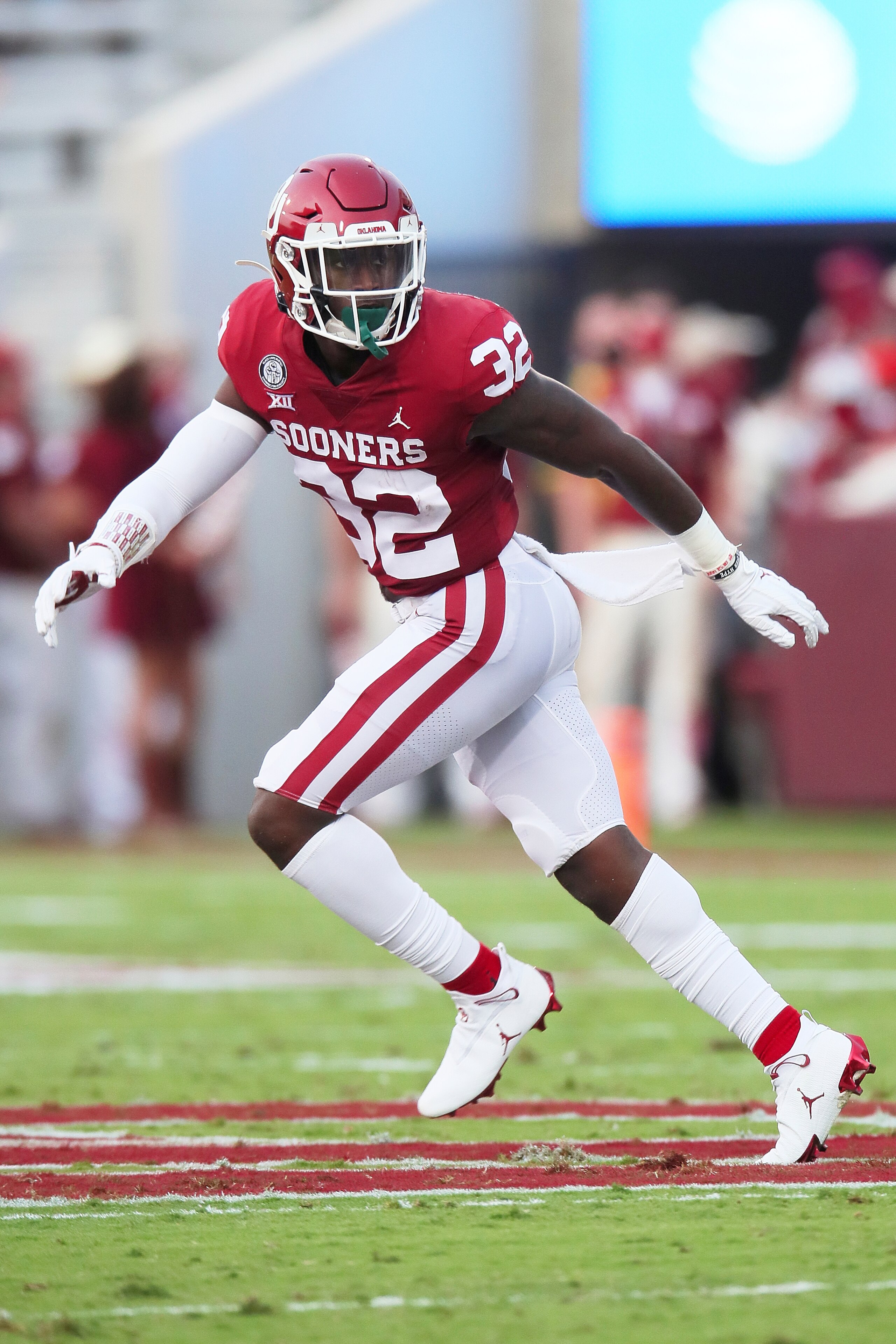 NORMAN, OK - SEPTEMBER 12: Oklahoma Sooners S  Delarrin Turner-Yell (32) defending during a college football game between the Oklahoma Sooners and the Missouri State Bears on September 12, 2020, at the Gaylord Family Memorial Stadium in Norman, OK.  (Photo by David Stacy/Icon Sportswire via Getty Images)