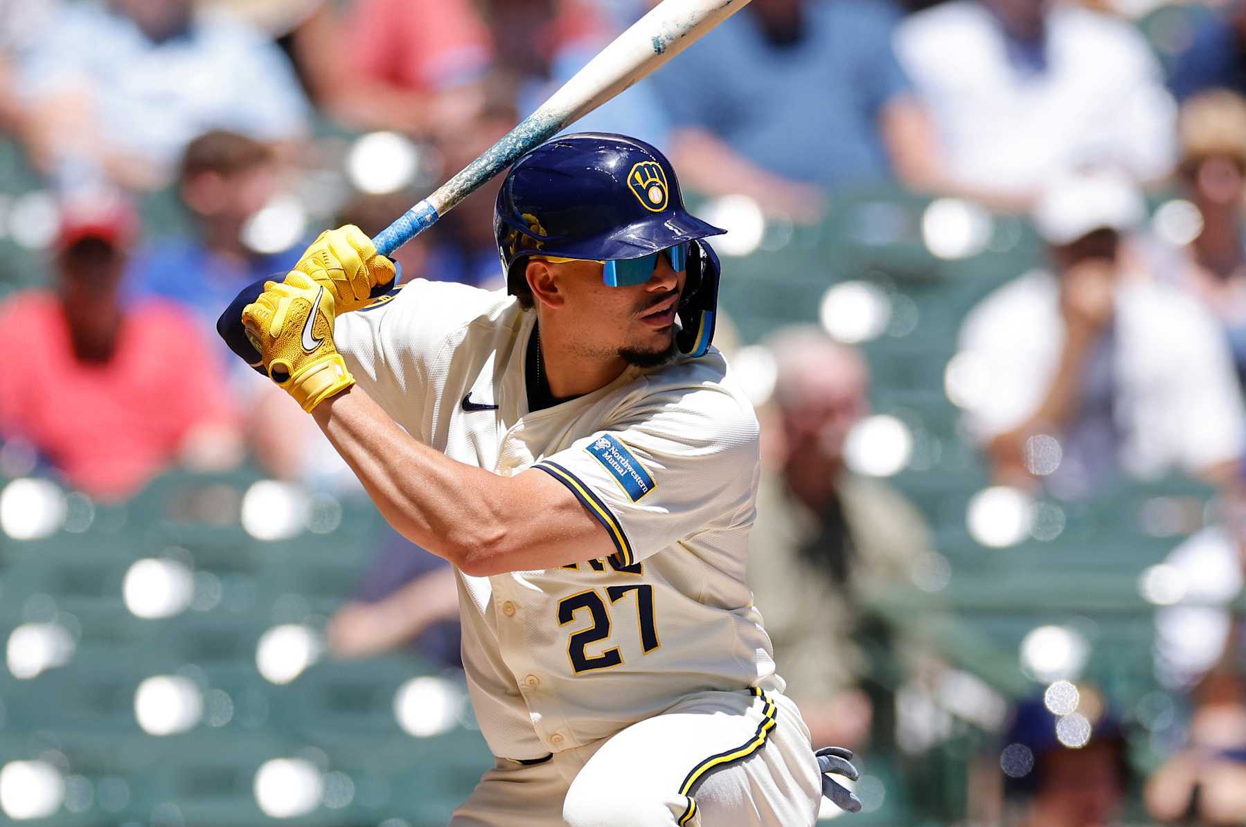MILWAUKEE, WI - JUNE 26: Milwaukee Brewers shortstop Willy Adames (27) bats during an MLB game against the Texas Rangers on June 26, 2024 at American Family Field in Milwaukee, Wisconsin. (Photo by Joe Robbins/Icon Sportswire via Getty Images)
