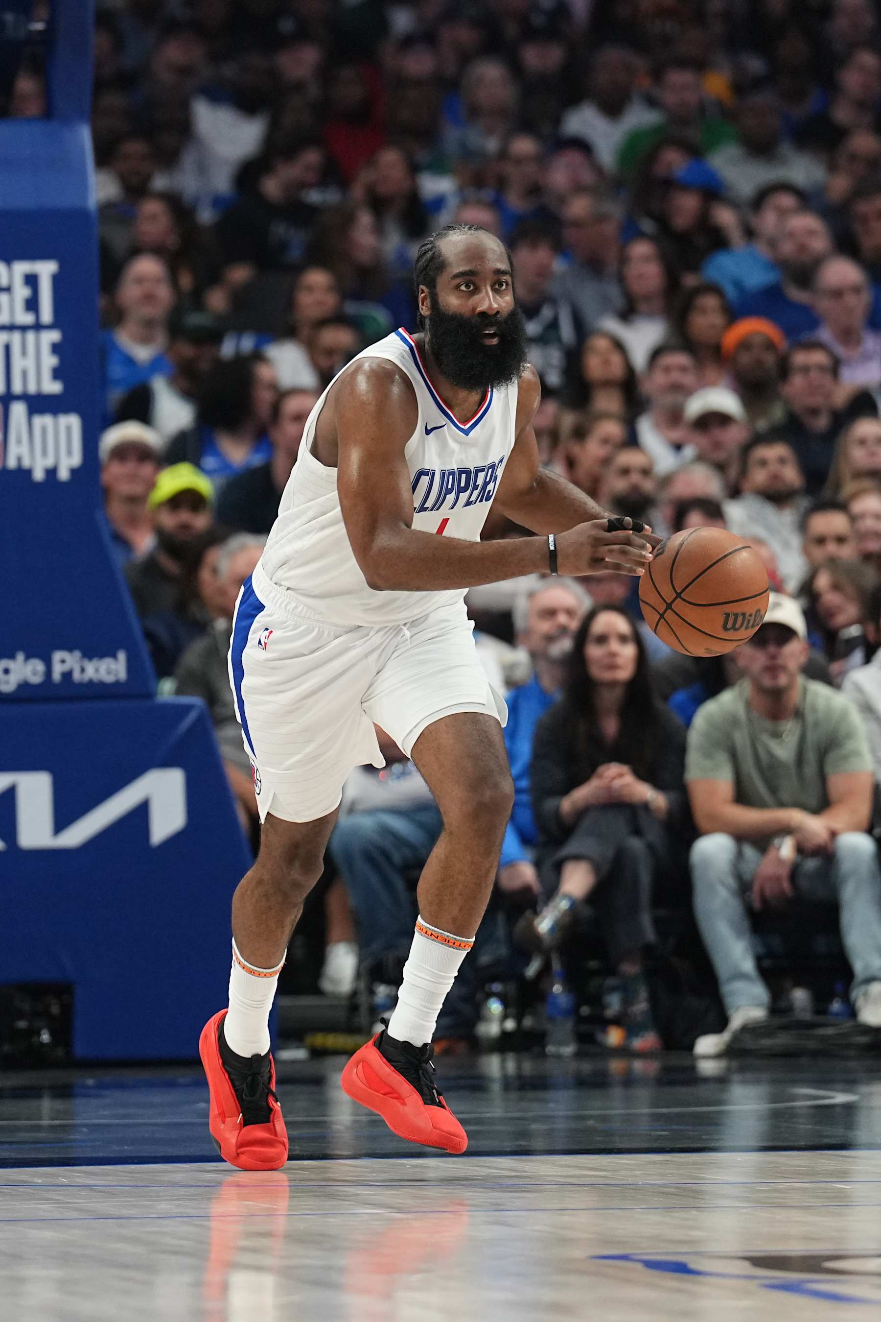DALLAS, TX - MAY 3:  James Harden #1 of the LA Clippers handles the ball during the game  against the Dallas Mavericks during Round 1 Game 6 of the 2024 NBA Playoffs  on May 3, 2024  at the American Airlines Center in Dallas, Texas. NOTE TO USER: User expressly acknowledges and agrees that, by downloading and or using this photograph, User is consenting to the terms and conditions of the Getty Images License Agreement. Mandatory Copyright Notice: Copyright 2024 NBAE (Photo by Glenn James/NBAE via Getty Images)