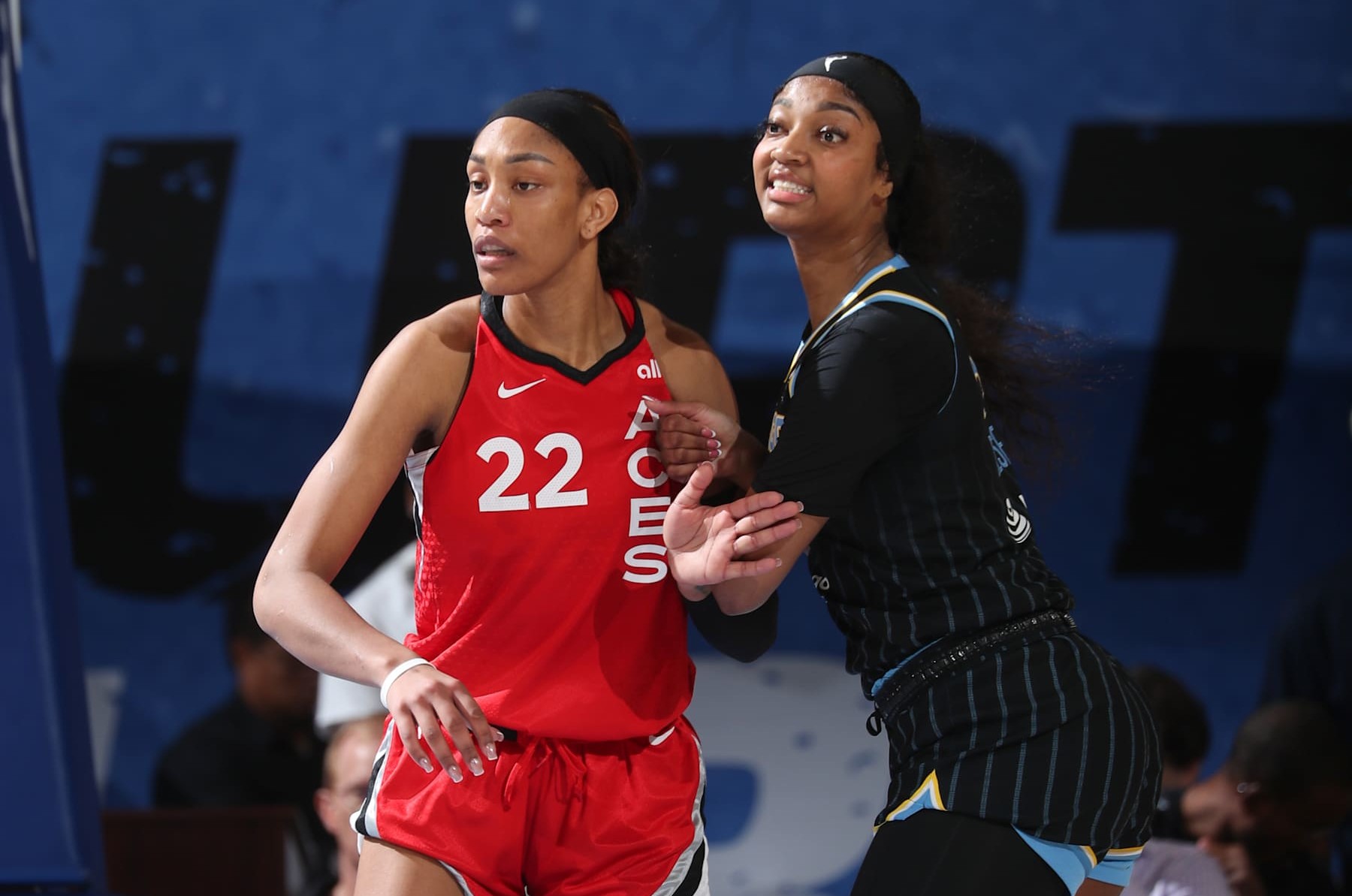 CHICAGO, IL-  AUGUST 25:  Angel Reese #5 of the Chicago Sky plays defense during the game against A'ja Wilson #22 of the Las Vegas Aces on August 25, 2024 at the Wintrust Arena in Chicago, IL. NOTE TO USER: User expressly acknowledges and agrees that, by downloading and or using this photograph, User is consenting to the terms and conditions of the Getty Images License Agreement. Mandatory Copyright Notice: Copyright 2024 NBAE (Photo by Gary Dineen/NBAE via Getty Images)