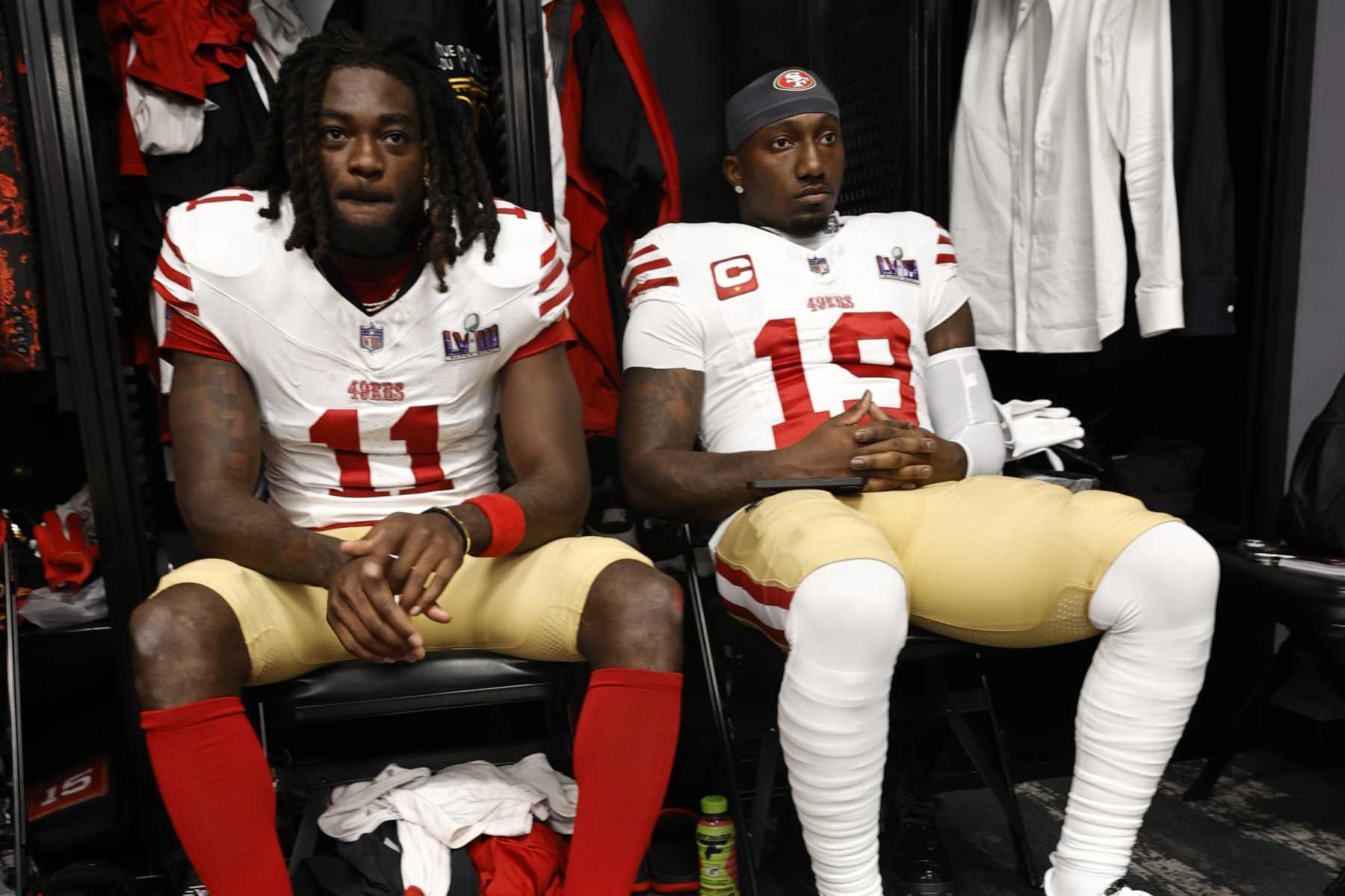 LAS VEGAS, NV - FEBRUARY 11: Brandon Aiyuk #11 and Deebo Samuel #19 of the San Francisco 49ers in the locker room before Super Bowl LVIII against the Kansas City Chiefs at Allegiant Stadium on February 11, 2024 in Las Vegas, Nevada. The Chiefs defeated the 49ers 25-22. (Photo by Michael Zagaris/San Francisco 49ers/Getty Images)
