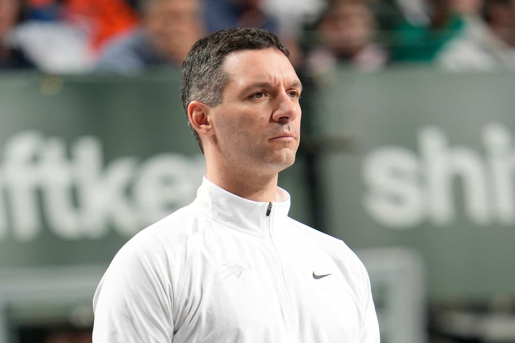 DALLAS, TX - JANUARY 17:  Head Coach Mark Daigneault of the Oklahoma City Thunder looks on during the game against the Dallas Mavericks on January 17, 2025 at American Airlines Center in Dallas, Texas. NOTE TO USER: User expressly acknowledges and agrees that, by downloading and or using this photograph, User is consenting to the terms and conditions of the Getty Images License Agreement. Mandatory Copyright Notice: Copyright 2025 NBAE (Photo by Glenn James/NBAE via Getty Images)