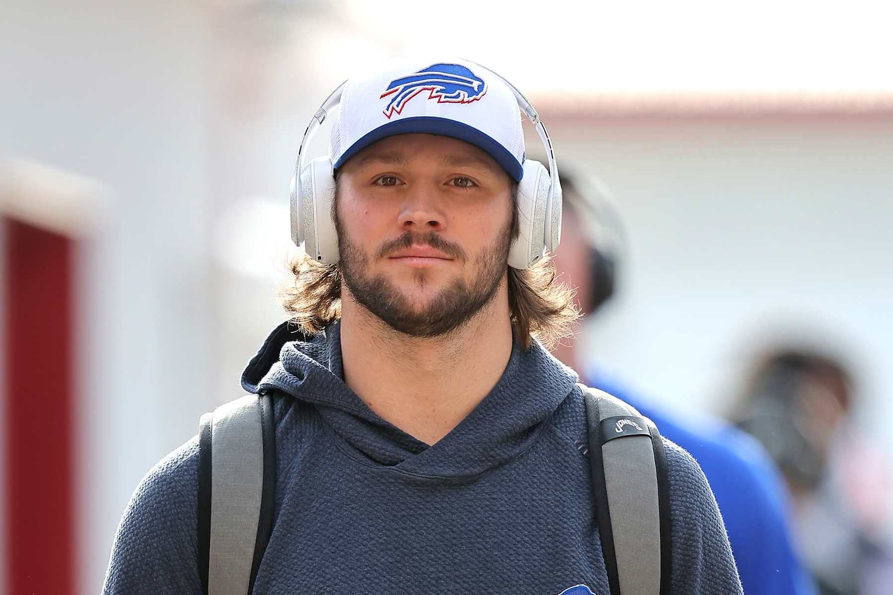 KANSAS CITY, MISSOURI - JANUARY 26: Josh Allen #17 of the Buffalo Bills arrives prior to the AFC Championship Game against the Kansas City Chiefs at GEHA Field at Arrowhead Stadium on January 26, 2025 in Kansas City, Missouri.  (Photo by David Eulitt/Getty Images)