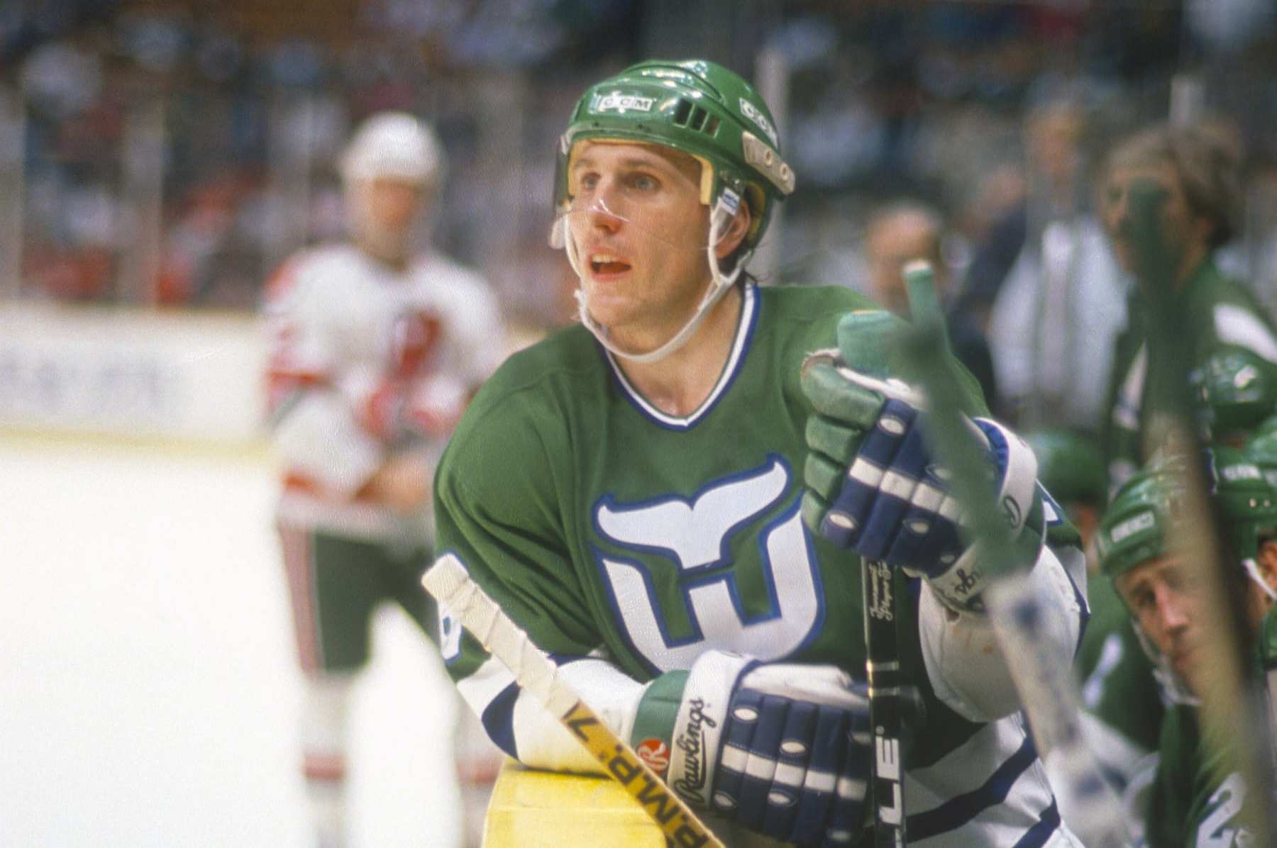 EAST RUTHERFORD, NJ - CIRCA 1990: Pat Verbeek #16 of the Hartford Whalers looks on against the New Jersey Devils during an NHL Hockey game circa 1990 at the Brendan Byrne Arena in East Rutherford, New Jersey. Verbeek's playing career went from 1982-2002. (Photo by Focus on Sport/Getty Images)