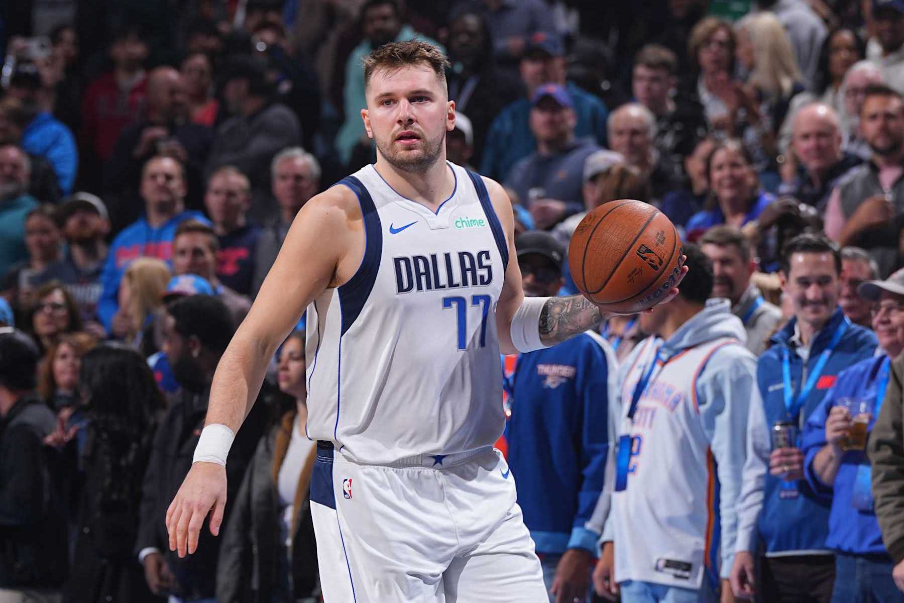OKLAHOMA CITY, OK - DECEMBER 10: Luka Doncic #77 of the Dallas Mavericks dribbles the ball during the game against the Oklahoma City Thunder during the Emirates NBA Cup Quarterfinals on December 10, 2024 at Paycom Center in Oklahoma City, Oklahoma. NOTE TO USER: User expressly acknowledges and agrees that, by downloading and or using this photograph, User is consenting to the terms and conditions of the Getty Images License Agreement. Mandatory Copyright Notice: Copyright 2024 NBAE (Photo by Garrett Ellwood/NBAE via Getty Images)