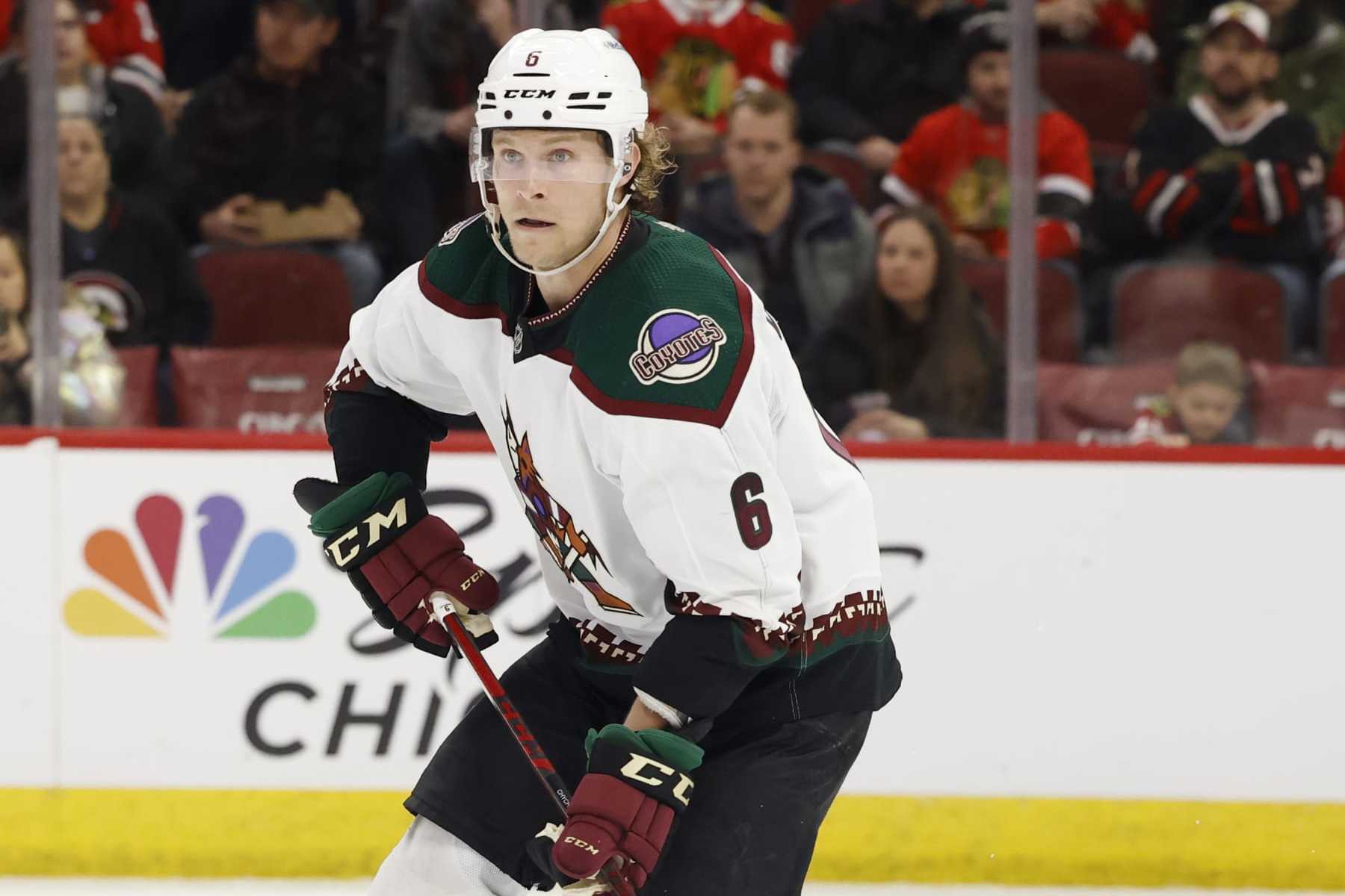 CHICAGO, IL - FEBRUARY 10: Arizona Coyotes defenseman Jakob Chychrun (6) skates with the puck during an NHL game against the Chicago Blackhawks on February 10, 2023 at United Center in Chicago, Illinois. (Photo by Joe Robbins/Icon Sportswire via Getty Images)