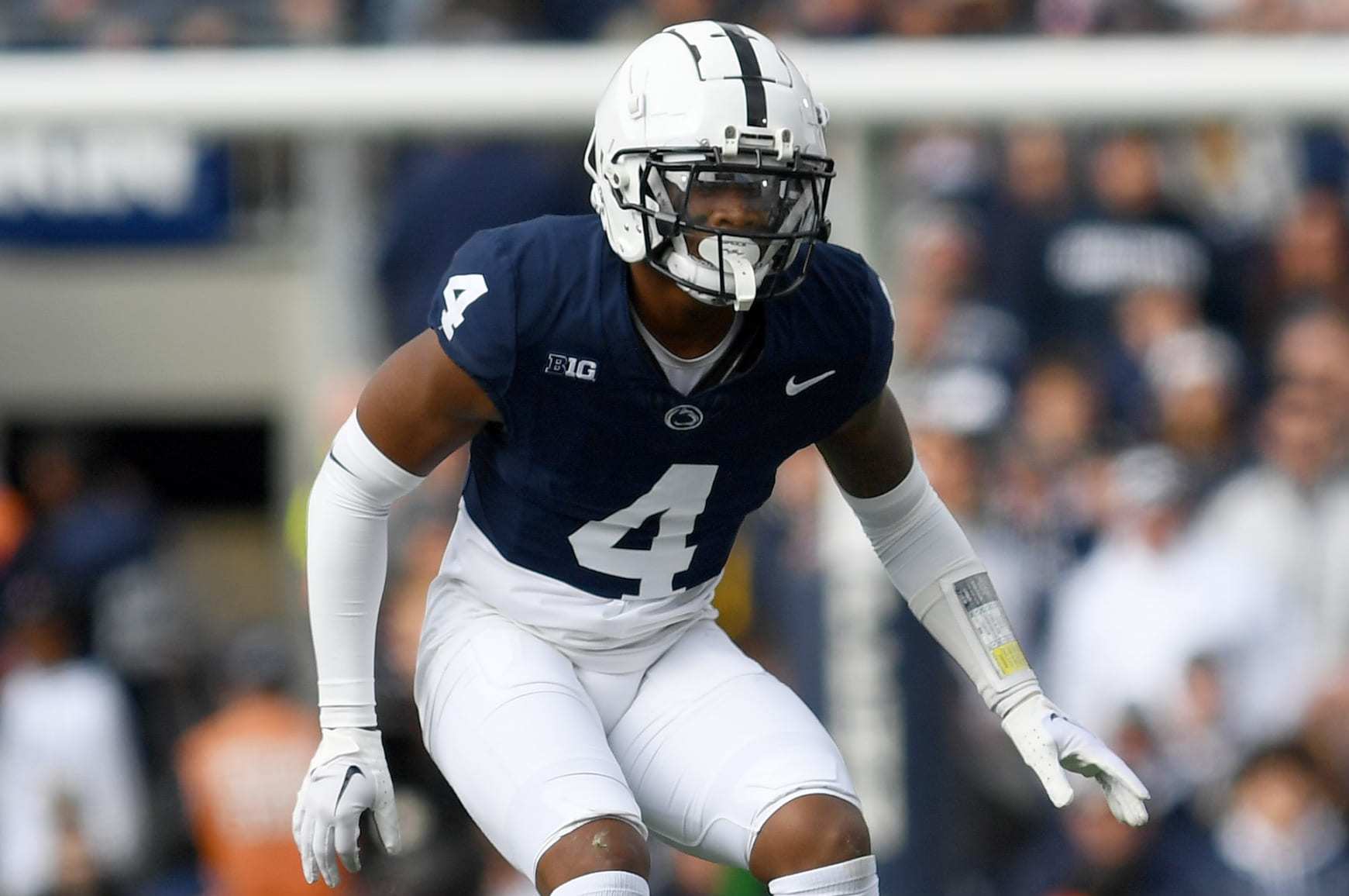 UNIVERSITY PARK, PA - NOVEMBER 11: Penn State cornerback Kalen King (4) covers a receiver during the Michigan Wolverines versus Penn State Nittany Lions game on November 11, 2023 at Beaver Stadium in University Park, PA. (Photo by Randy Litzinger/Icon Sportswire via Getty Images)