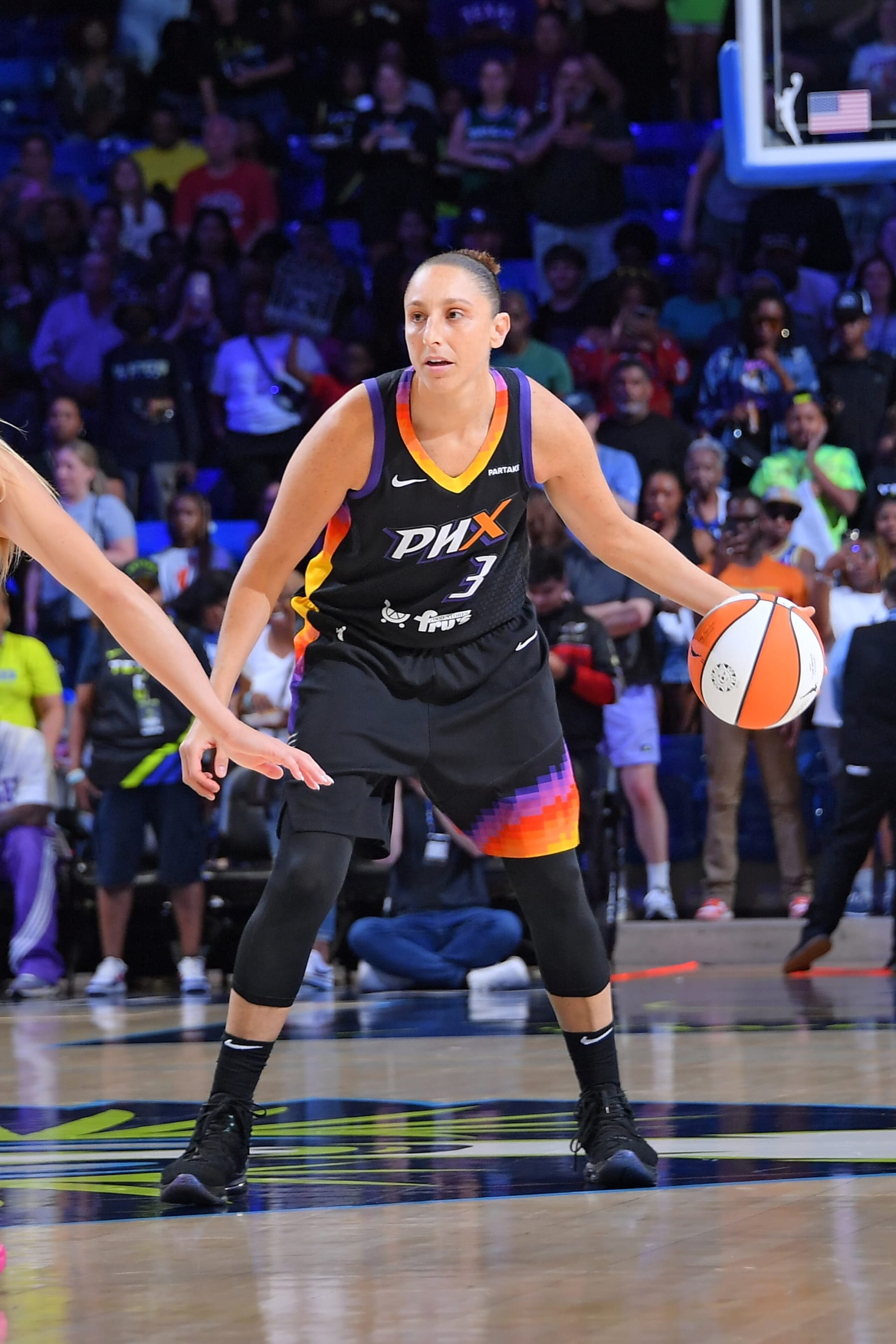 ARLINGTON, TX - JULY 3: Diana Taurasi #3 of the Phoenix Mercury handles the ball during the game against the Dallas Wings on July 3, 2024 at the College Park Center in Arlington, Texas. NOTE TO USER: User expressly acknowledges and agrees that, by downloading and or using this photograph, user is consenting to the terms and conditions of the Getty Images License Agreement. Mandatory Copyright Notice: Copyright 2024 NBAE (Photos by Michael Gonzales/NBAE via Getty Images)