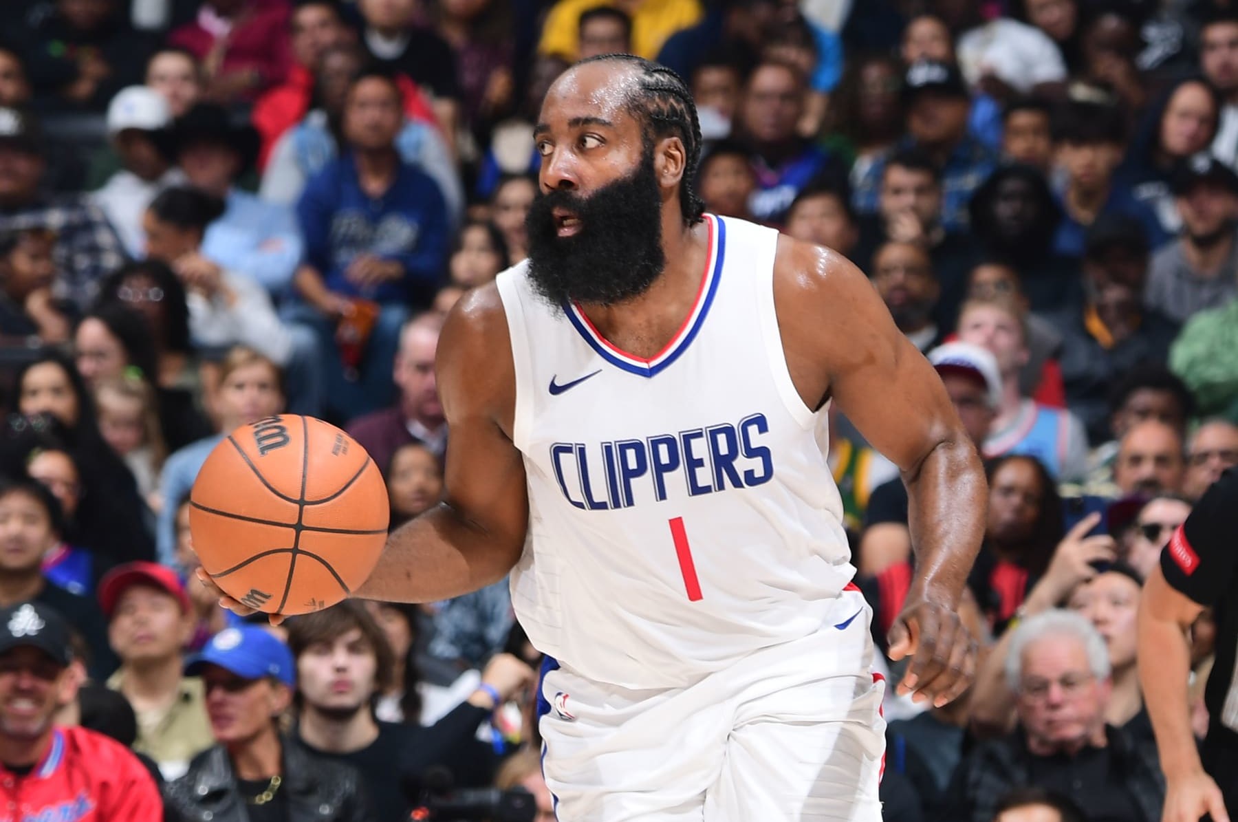 LOS ANGELES, CA - MARCH 17: James Harden #1 of the LA Clippers dribbles the ball during the game against the Atlanta Hawks on March 17, 2024 at Crypto.Com Arena in Los Angeles, California. NOTE TO USER: User expressly acknowledges and agrees that, by downloading and/or using this Photograph, user is consenting to the terms and conditions of the Getty Images License Agreement. Mandatory Copyright Notice: Copyright 2024 NBAE (Photo by Adam Pantozzi/NBAE via Getty Images)