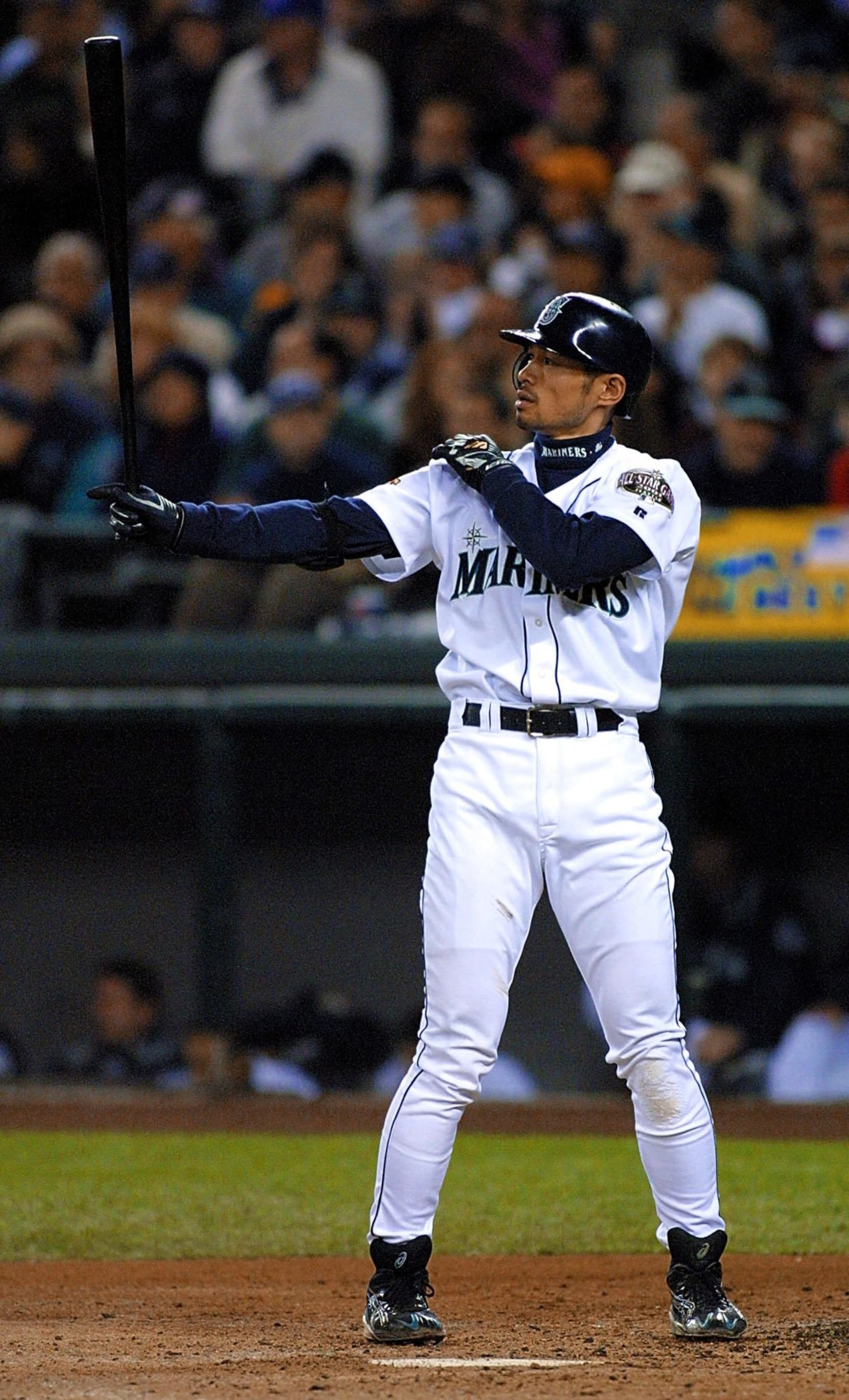 Ichiro Suzuki of the Seattle Mariners stands in the batters box in the third inning of game two in the American League Championship Series against the New York Yankees 18 October 2001 at Safeco Field in Seattle, WA. The Yankees lead the best-of-seven game series 1-0.   AFP PHOTO/John MABANGLO (Photo by JOHN G. MABANGLO / AFP) (Photo by JOHN G. MABANGLO/AFP via Getty Images)