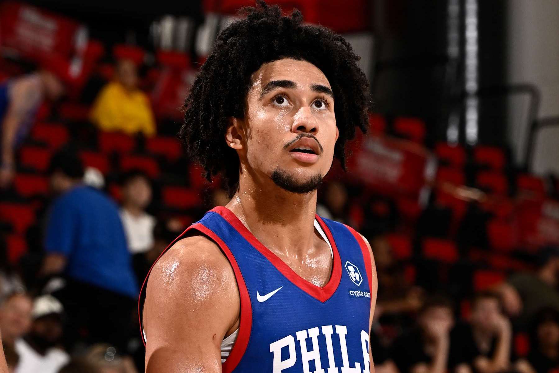LAS VEGAS, NV - JULY 21: Jared McCain #20 of the Philadelphia 76ers looks on during the game against the Boston Celtics on July 21, 2024 at the Cox Pavilion in Las Vegas, Nevada. NOTE TO USER: User expressly acknowledges and agrees that, by downloading and or using this photograph, User is consenting to the terms and conditions of the Getty Images License Agreement. Mandatory Copyright Notice: Copyright 2024 NBAE (Photo by David Dow/NBAE via Getty Images)