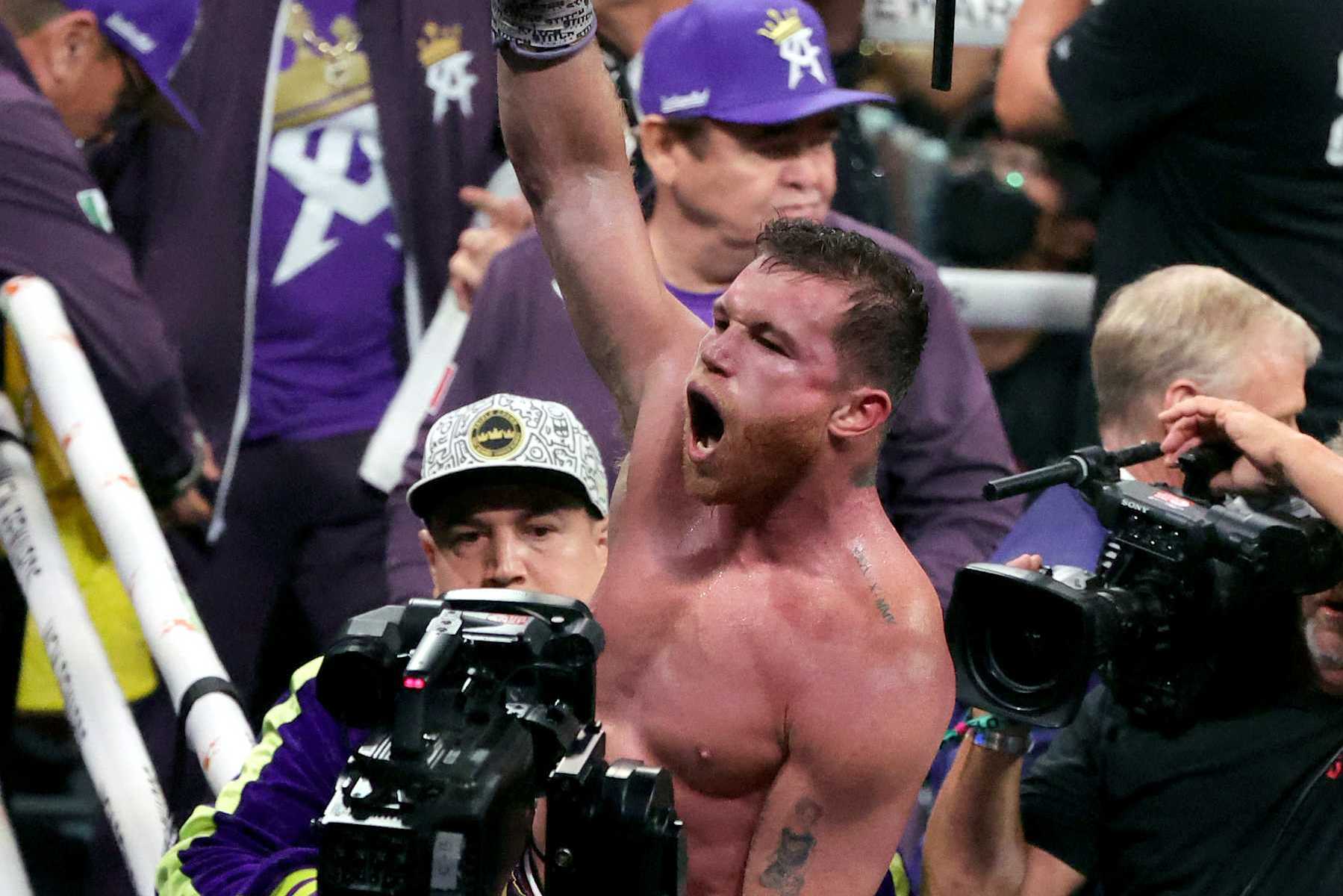 LAS VEGAS, NEVADA - SEPTEMBER 30: Undisputed super middleweight champion Canelo Alvarez celebrates his unanimous-decision victory over Jermell Charlo in their super middleweight title fight at T-Mobile Arena on September 30, 2023 in Las Vegas, Nevada. (Photo by Ethan Miller/Getty Images)