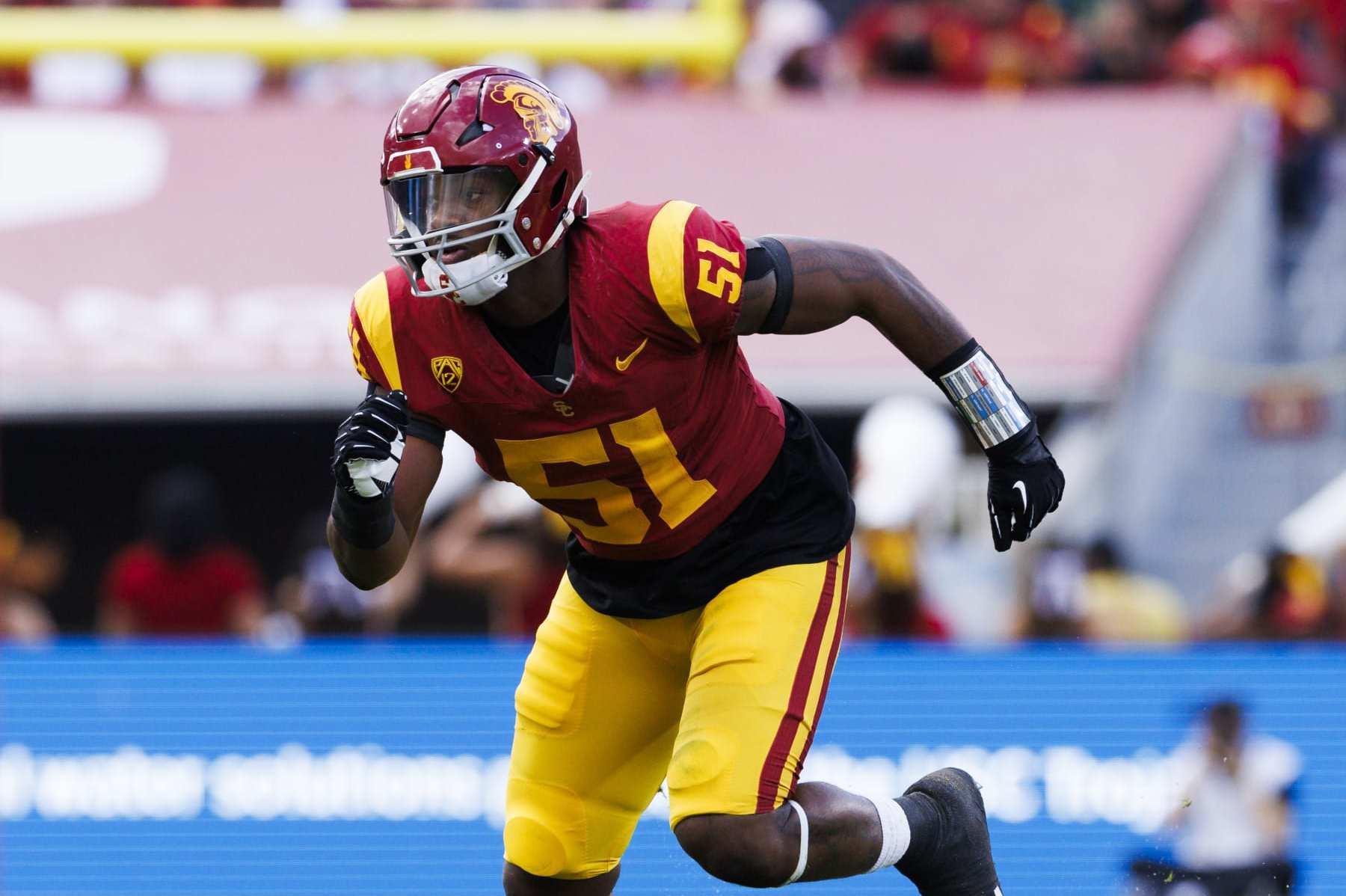 LOS ANGELES, CALIFORNIA - NOVEMBER 18: Solomon Byrd #51 of the USC Trojans rushes the edge during a game against the UCLA Bruins at United Airlines Field at the Los Angeles Memorial Coliseum on November 11, 2023 in Los Angeles, California. (Photo by Ric Tapia/Getty Images)
