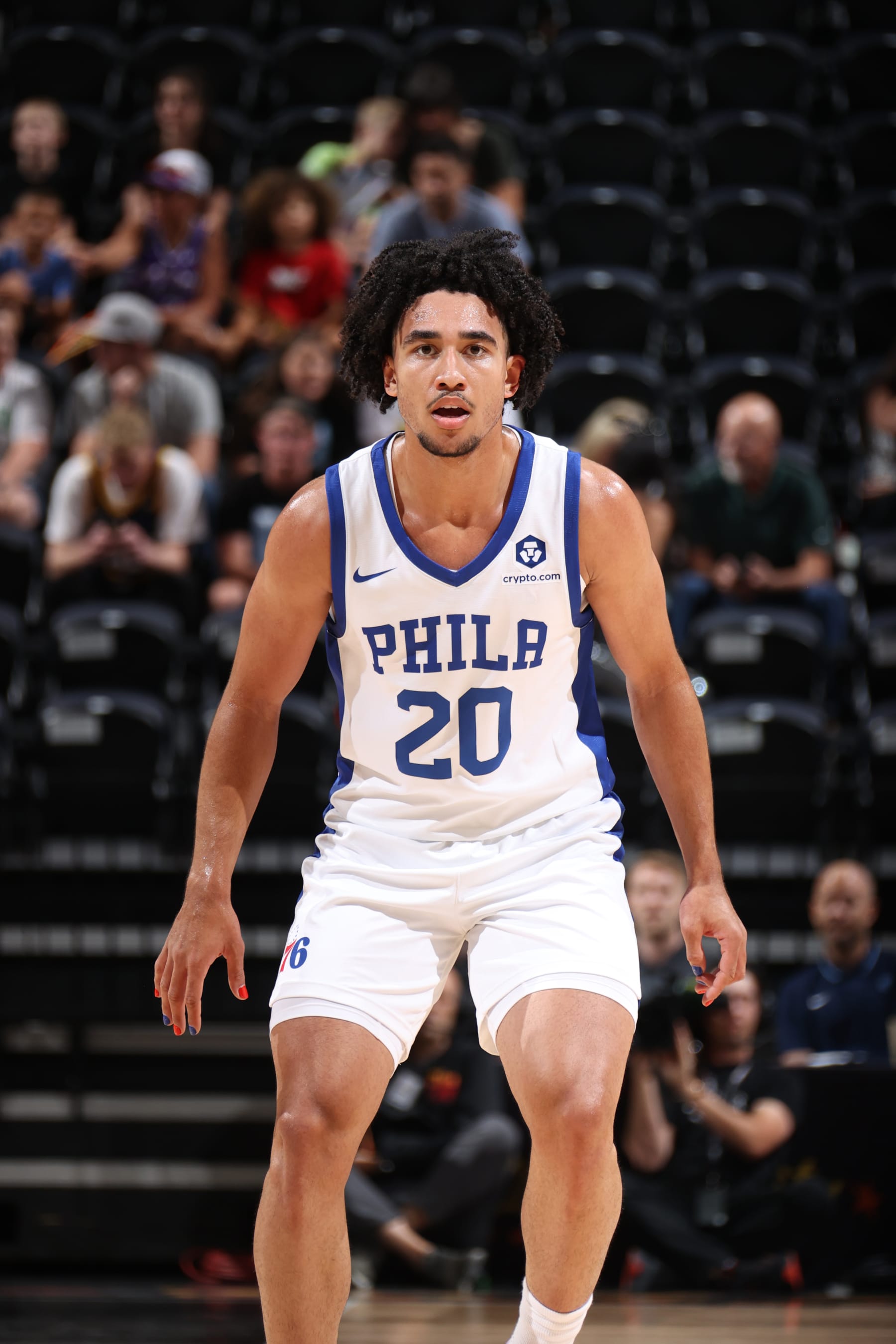 SALT LAKE CITY, UT - JULY 9: Jared McCain #20 of the Philadelphia 76ers looks on during the game against the Memphis Grizzlies during the 2024 NBA Salt Lake City Summer League on July 9, 2024 at Delta Center in Salt Lake City, Utah. NOTE TO USER: User expressly acknowledges and agrees that, by downloading and or using this Photograph, User is consenting to the terms and conditions of the Getty Images License Agreement. Mandatory Copyright Notice: Copyright 2024 NBAE (Photo by Melissa Majchrzak/NBAE via Getty Images)