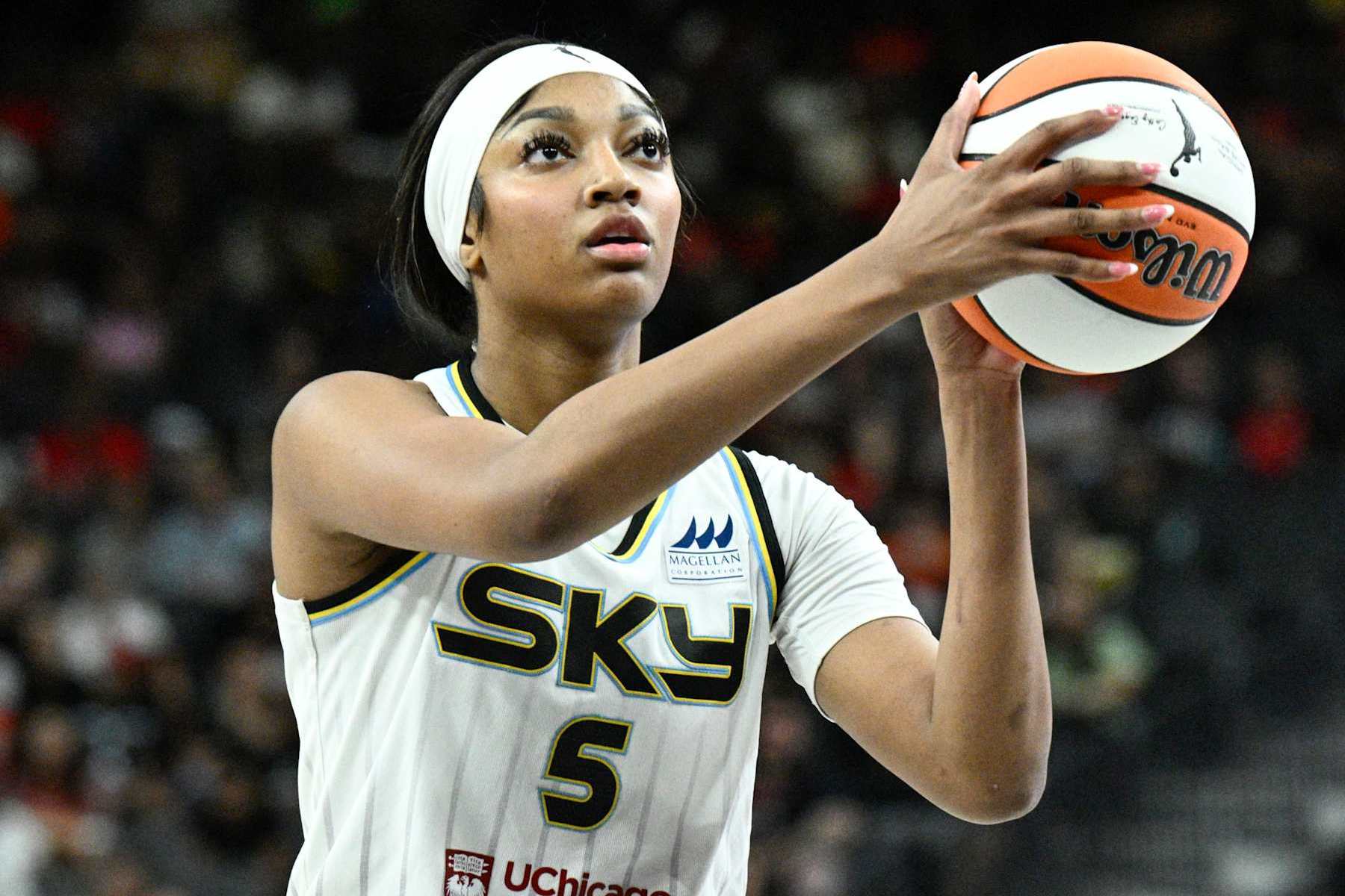 LAS VEGAS, NV - SEPTEMBER 3: Angel Reese #5 of the Chicago Sky shoots a free throw during the game on September 3, 2024 at T-Mobile Arena in Las Vegas, Nevada. NOTE TO USER: User expressly acknowledges and agrees that, by downloading and or using this photograph, User is consenting to the terms and conditions of the Getty Images License Agreement. Mandatory Copyright Notice: Copyright 2024 NBAE (Photo by Stephen Greathouse/NBAE via Getty Images)