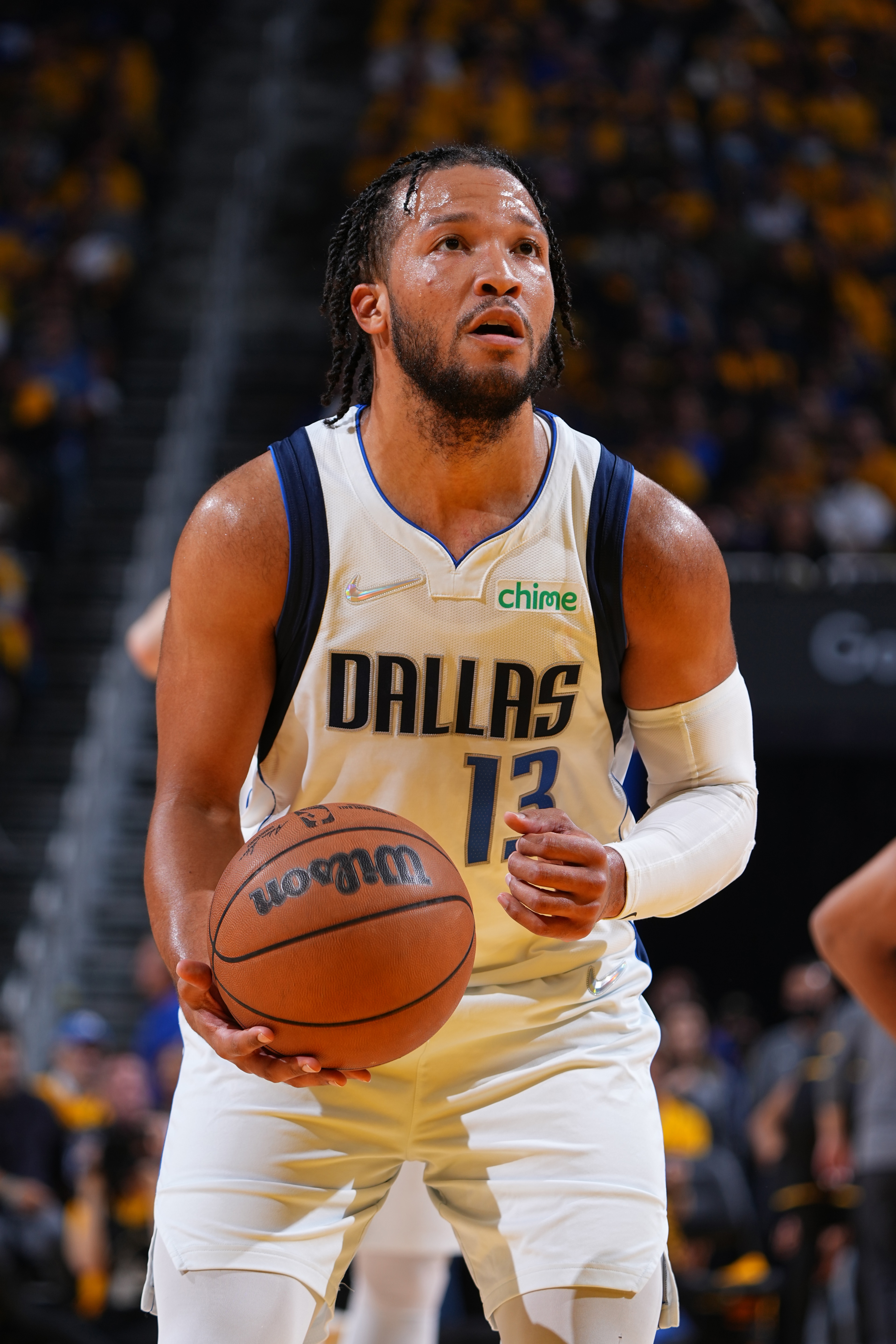 SAN FRANCISCO, CA - MAY 26: Jalen Brunson #13 of the Dallas Mavericks shoots a free throw against the Golden State Warriors during Game 5 of the 2022 NBA Playoffs Western Conference Finals on May 26, 2022 at Chase Center in San Francisco, California. NOTE TO USER: User expressly acknowledges and agrees that, by downloading and or using this photograph, user is consenting to the terms and conditions of Getty Images License Agreement. Mandatory Copyright Notice: Copyright 2022 NBAE (Photo by Garrett Ellwood/NBAE via Getty Images) SAN FRANCISCO, CA - MAY 26: Jalen Brunson #13 of the Dallas Mavericks shoots a free throw against the Golden State Warriors during Game 5 of the 2022 NBA Playoffs Western Conference Finals on May 26, 2022 at Chase Center in San Francisco, California. NOTE TO USER: User expressly acknowledges and agrees that, by downloading and or using this photograph, user is consenting to the terms and conditions of Getty Images License Agreement. Mandatory Copyright Notice: Copyright 2022 NBAE (Photo by Garrett Ellwood/NBAE via Getty Images)