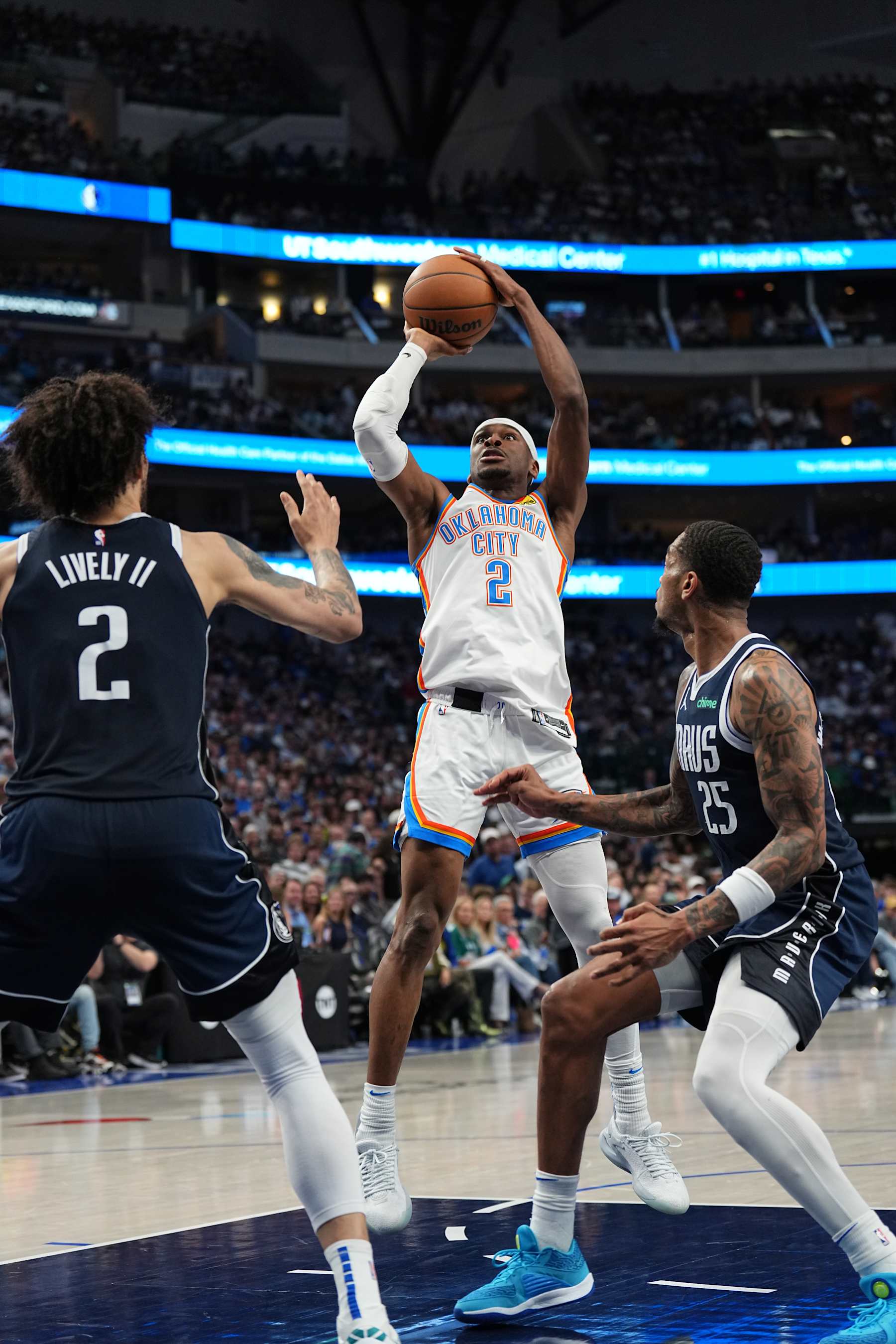 DALLAS, TX - MAY 13: Shai Gilgeous-Alexander #2 of the Oklahoma City Thunder shoots the ball during the game against the Dallas Mavericks during Round Two Game Four of the 2024 NBA Playoffs on May 13, 2024 at the American Airlines Center in Dallas, Texas. NOTE TO USER: User expressly acknowledges and agrees that, by downloading and or using this photograph, User is consenting to the terms and conditions of the Getty Images License Agreement. Mandatory Copyright Notice: Copyright 2024 NBAE (Photo by Glenn James/NBAE via Getty Images)