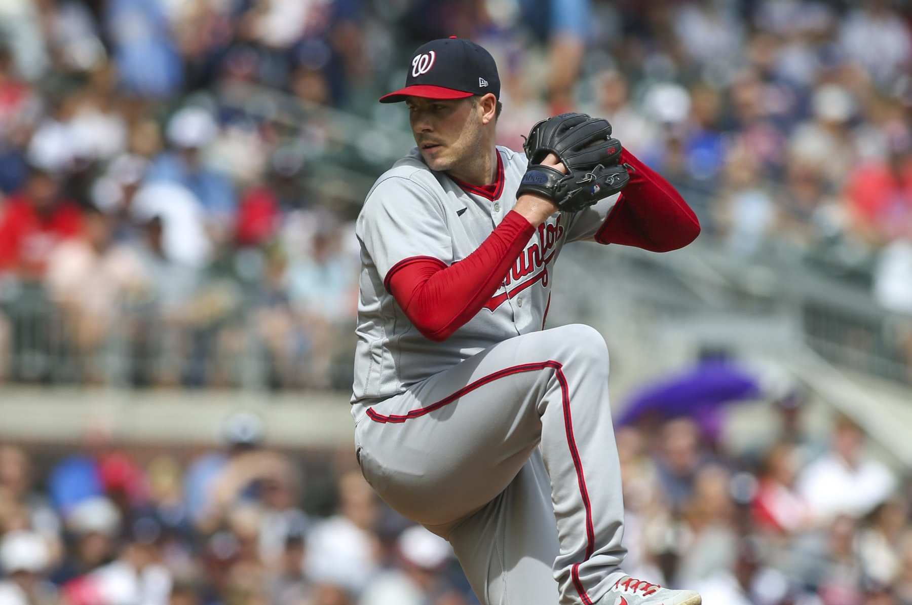 ATLANTA, GA - JULY 09: Patrick Corbin #46 of the Washington Nationals pitches against the Atlanta Braves in the first inning at Truist Park on July 9, 2022 in Atlanta, Georgia. (Photo by Brett Davis/Getty Images)