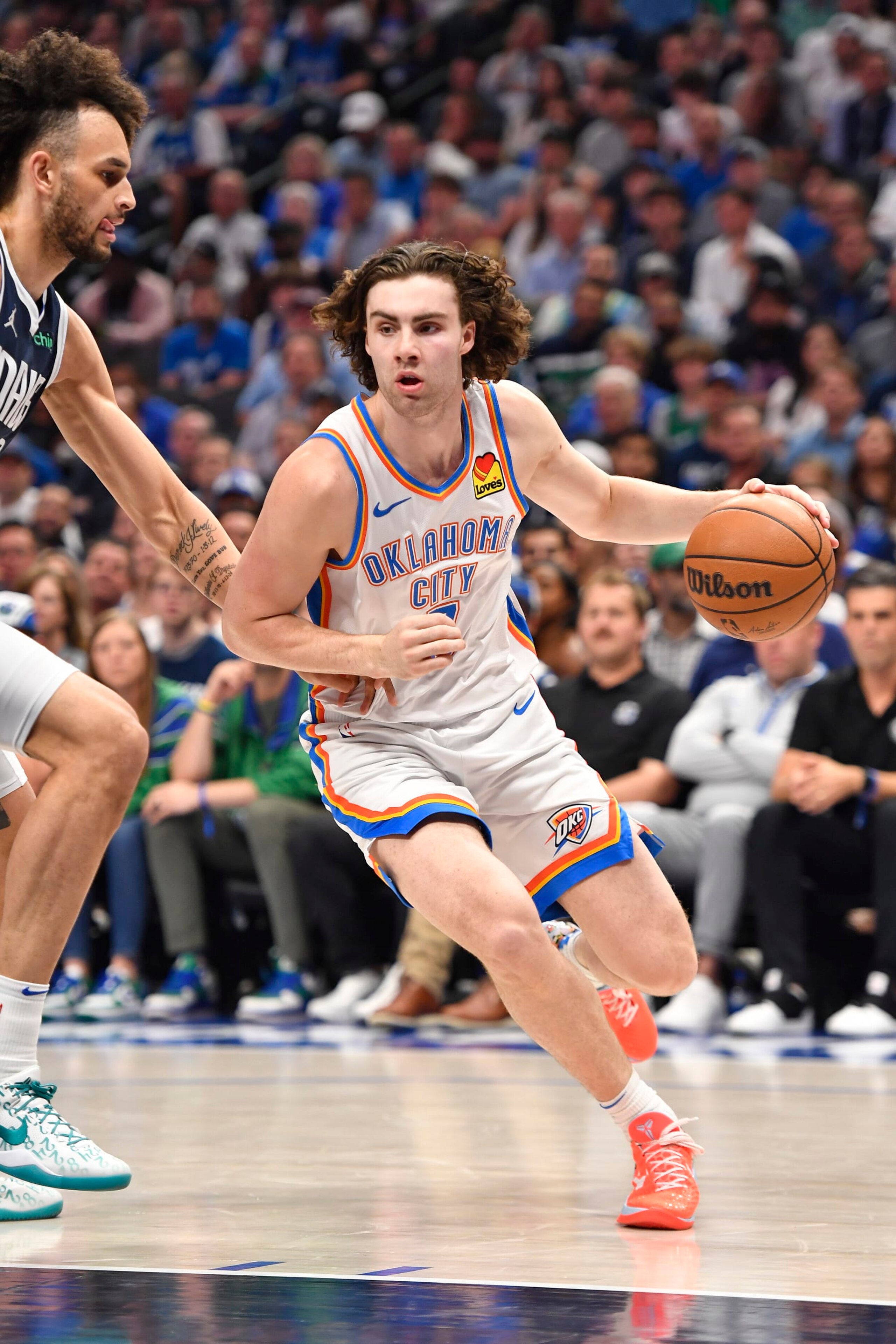 DALLAS, TX - MAY 13: Josh Giddey #3 of the Oklahoma City Thunder drives to the basket during the game against the Dallas Mavericks during Round 2 Game 4 of the 2024 NBA Playoffs on May 13, 2024 at the American Airlines Center in Dallas, Texas. NOTE TO USER: User expressly acknowledges and agrees that, by downloading and or using this photograph, User is consenting to the terms and conditions of the Getty Images License Agreement. Mandatory Copyright Notice: Copyright 2024 NBAE (Photo by Logan Riely/NBAE via Getty Images)
