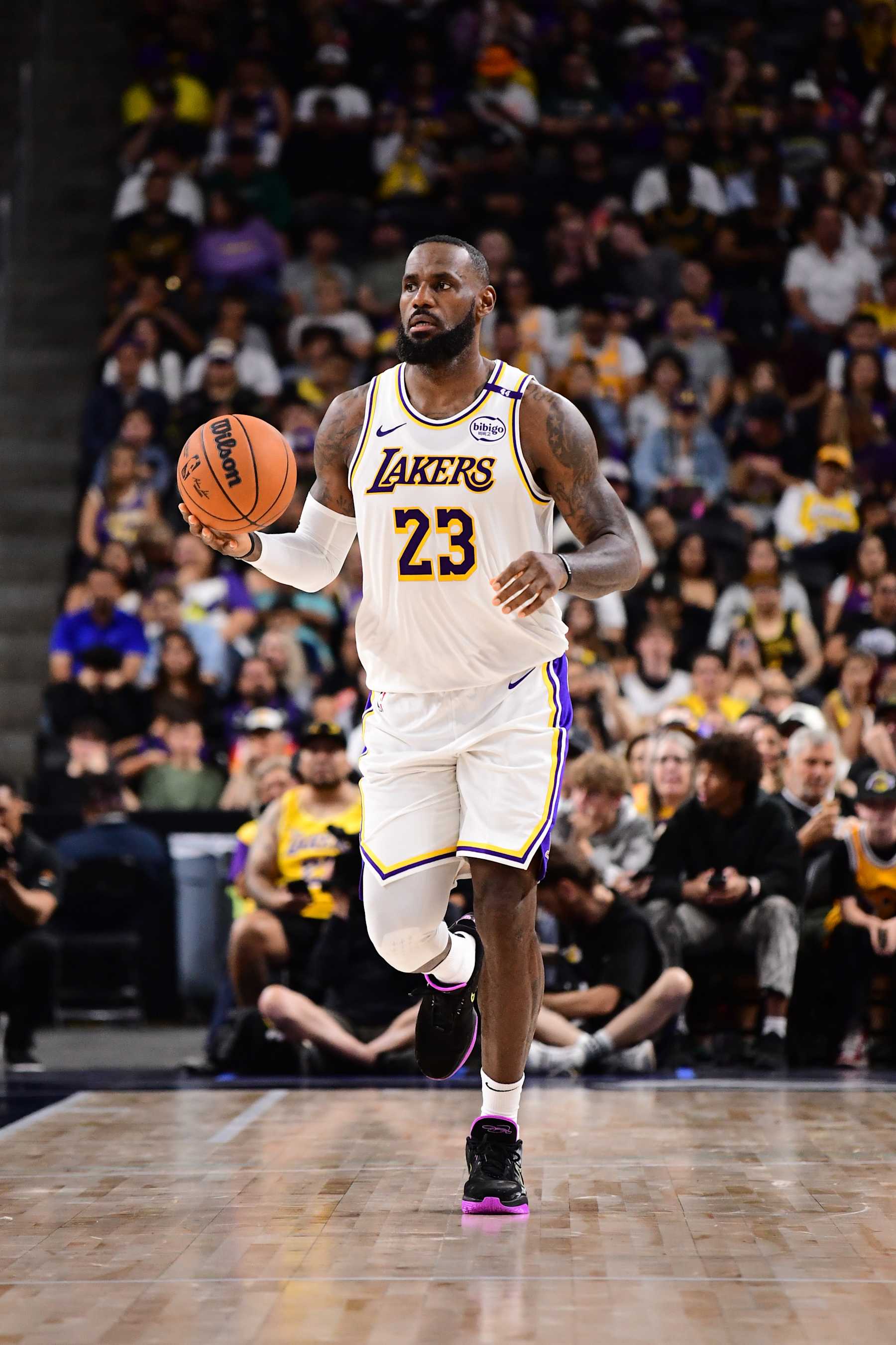 LOS ANGELES, CA - OCTOBER 6: LeBron James #23 of the Los Angeles Lakers dribbles the ball during the game against the Phoenix Suns on October 6, 2024 at Acrisure Arena in Palm Springs, California. NOTE TO USER: User expressly acknowledges and agrees that, by downloading and/or using this Photograph, user is consenting to the terms and conditions of the Getty Images License Agreement. Mandatory Copyright Notice: Copyright 2024 NBAE (Photo by Adam Pantozzi/NBAE via Getty Images)