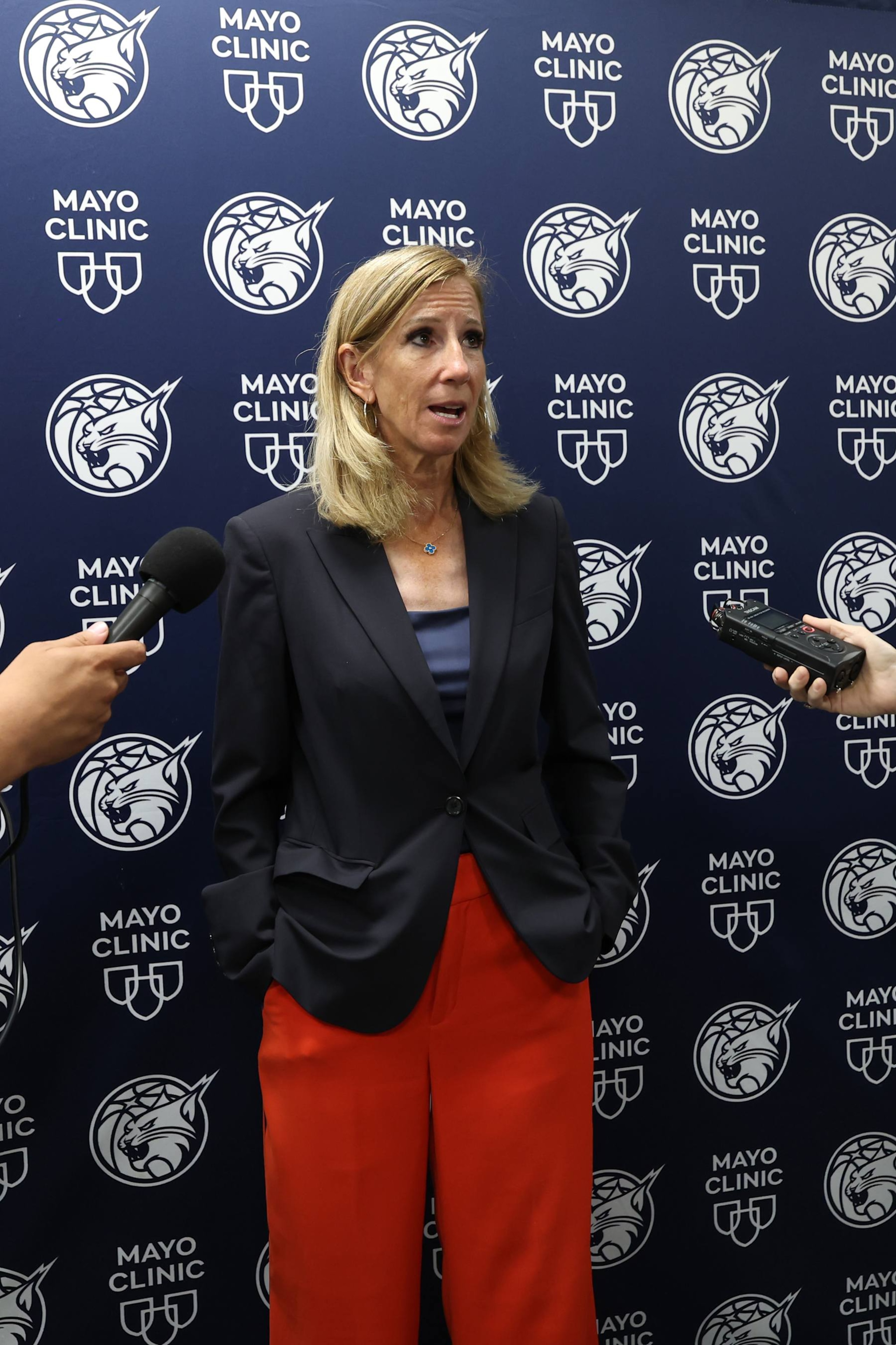 MINNEAPOLIS, MN - AUGUST 15: Cathy Engelbert talks to the media during the game on August 15, 2024 at Target Center in Minneapolis, Minnesota. NOTE TO USER: User expressly acknowledges and agrees that, by downloading and or using this Photograph, user is consenting to the terms and conditions of the Getty Images License Agreement. Mandatory Copyright Notice: Copyright 2024 NBAE (Photo by David Sherman/NBAE via Getty Images)