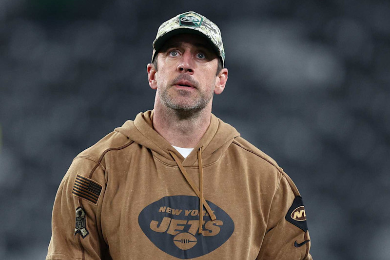 EAST RUTHERFORD, NEW JERSEY - NOVEMBER 06:  Aaron Rodgers #8 of the New York Jets looks on before the game against the Los Angeles Chargers at MetLife Stadium on November 06, 2023 in East Rutherford, New Jersey. (Photo by Elsa/Getty Images)