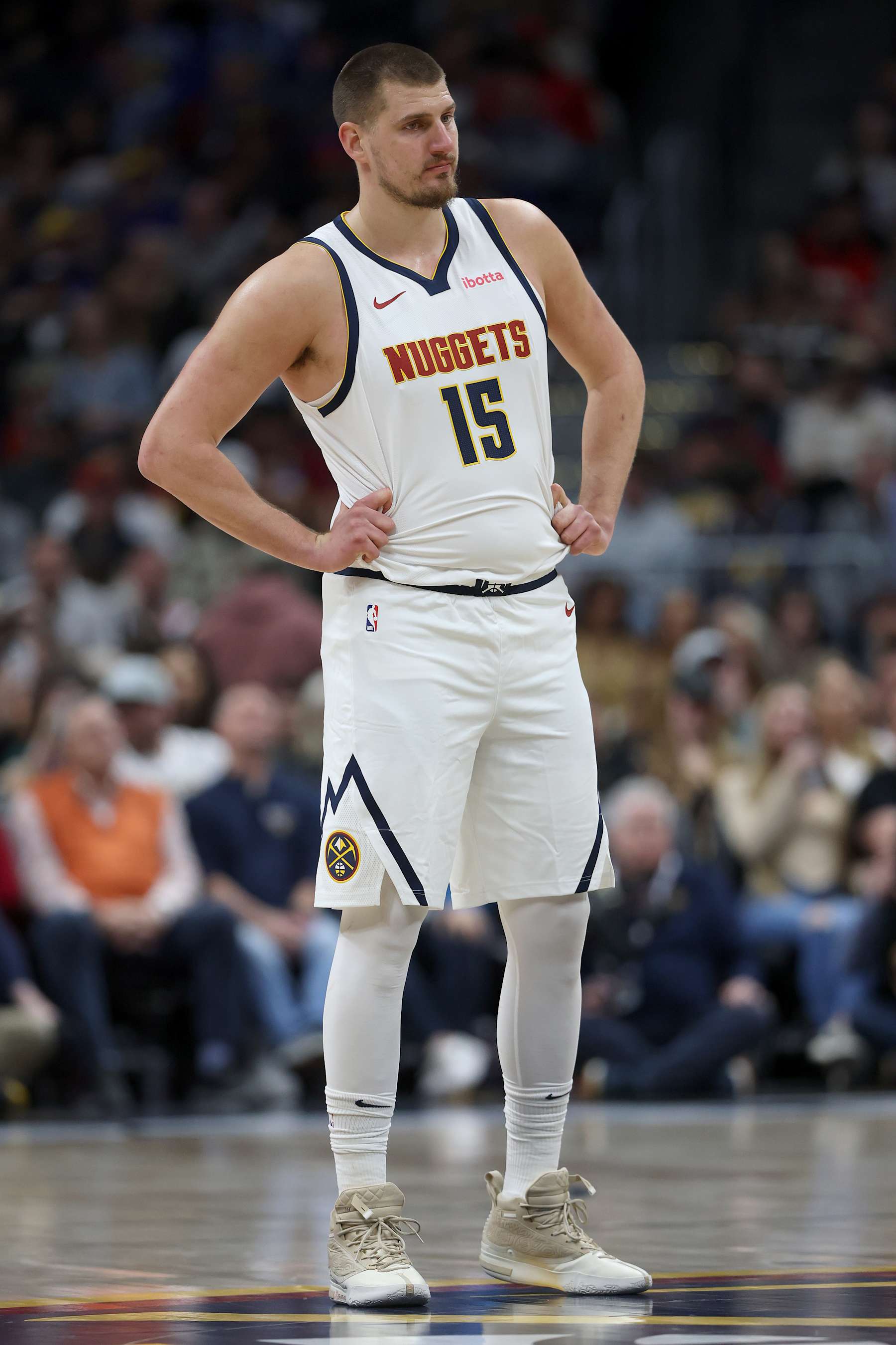 DENVER, COLORADO - JANUARY 01: Nikola Jokic #15 of the Denver Nuggets plays the Atlanta Hawks in the third quarter at Ball Arena on January 01, 2025 in Denver, Colorado. NOTE TO USER: User expressly acknowledges and agrees that, by downloading and or using this photograph, User is consenting to the terms and conditions of the Getty Images License Agreement.  (Photo by Matthew Stockman/Getty Images)