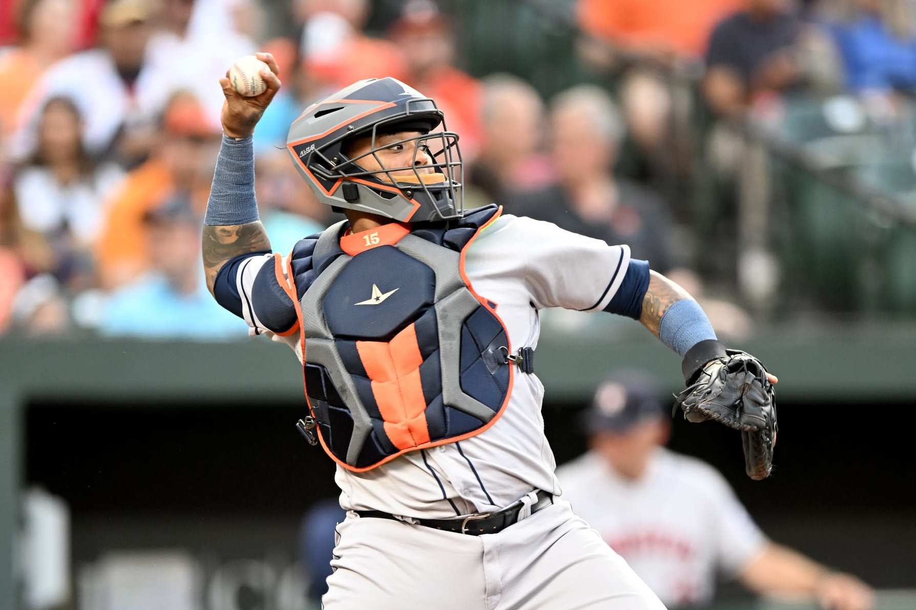 BALTIMORE, MARYLAND - AUGUST 09: Martin Maldonado #15 of the Houston Astros throws the ball to second base against the Baltimore Orioles at Oriole Park at Camden Yards on August 09, 2023 in Baltimore, Maryland. (Photo by G Fiume/Getty Images)