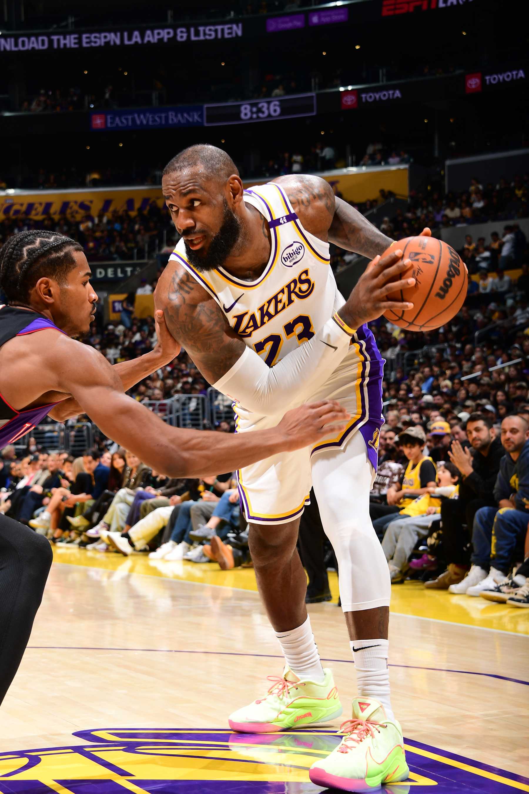 LOS ANGELES, CA - NOVEMBER 10: LeBron James #23 of the Los Angeles Lakers handles the ball during the game against the Toronto Raptors on November 10, 2024 at Crypto.Com Arena in Los Angeles, California. NOTE TO USER: User expressly acknowledges and agrees that, by downloading and/or using this Photograph, user is consenting to the terms and conditions of the Getty Images License Agreement. Mandatory Copyright Notice: Copyright 2024 NBAE (Photo by Adam Pantozzi/NBAE via Getty Images)