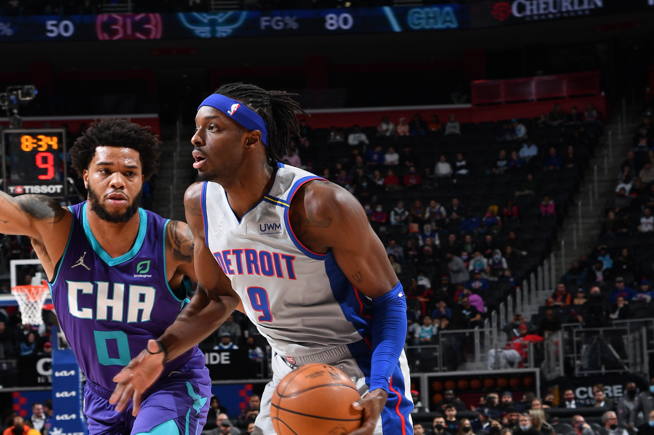 DETROIT, MI - FEBRUARY 11: Jerami Grant #9 of the Detroit Pistons drives to the basket during the game during the game against the Charlotte Hornets on February 11, 2022 at Little Caesars Arena in Detroit, Michigan. NOTE TO USER: User expressly acknowledges and agrees that, by downloading and/or using this photograph, User is consenting to the terms and conditions of the Getty Images License Agreement. Mandatory Copyright Notice: Copyright 2022 NBAE (Photo by Chris Schwegler/NBAE via Getty Images) DETROIT, MI - FEBRUARY 11: Jerami Grant #9 of the Detroit Pistons drives to the basket during the game during the game against the Charlotte Hornets on February 11, 2022 at Little Caesars Arena in Detroit, Michigan. NOTE TO USER: User expressly acknowledges and agrees that, by downloading and/or using this photograph, User is consenting to the terms and conditions of the Getty Images License Agreement. Mandatory Copyright Notice: Copyright 2022 NBAE (Photo by Chris Schwegler/NBAE via Getty Images)