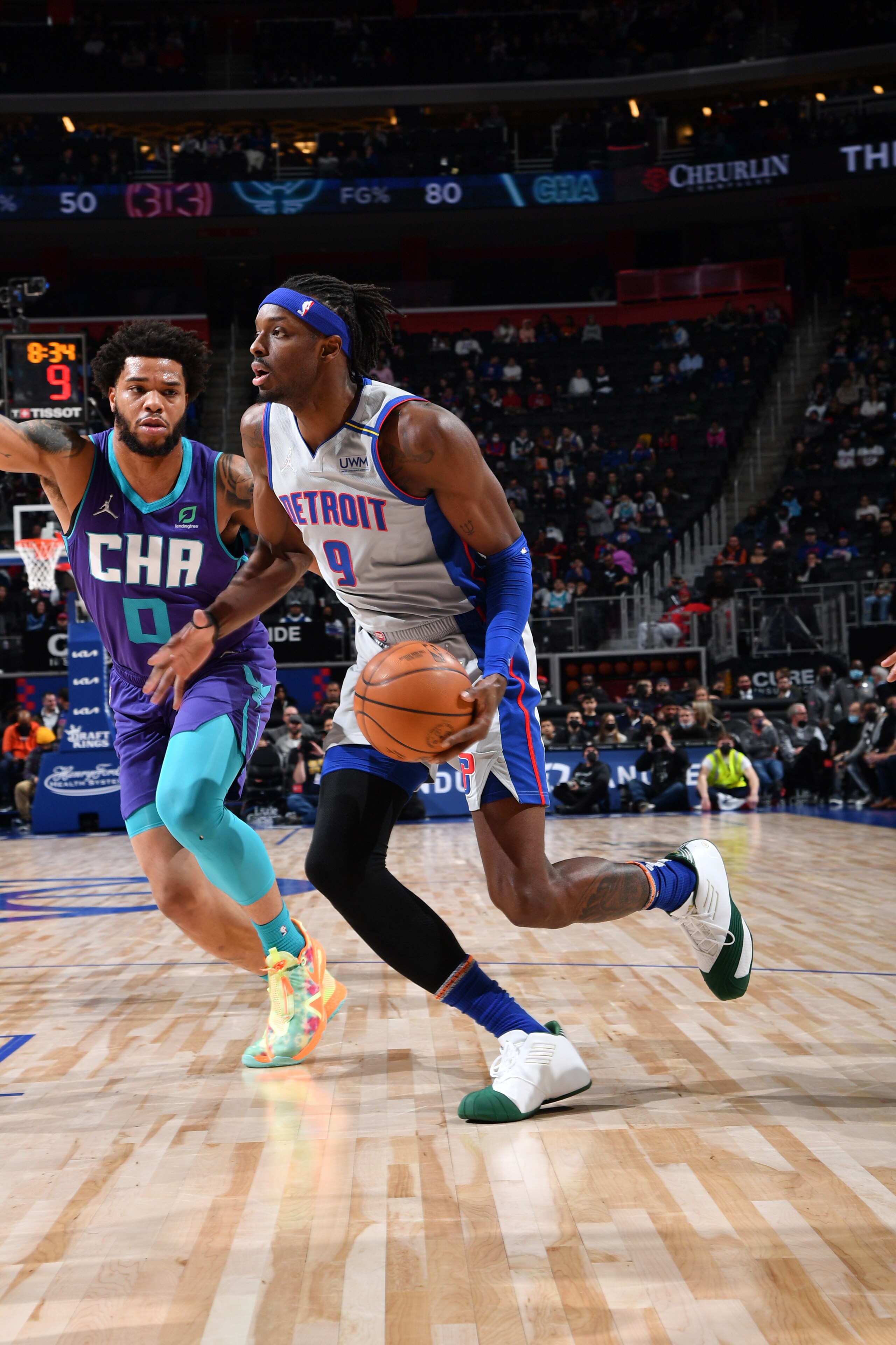 DETROIT, MI - FEBRUARY 11: Jerami Grant #9 of the Detroit Pistons drives to the basket during the game during the game against the Charlotte Hornets on February 11, 2022 at Little Caesars Arena in Detroit, Michigan. NOTE TO USER: User expressly acknowledges and agrees that, by downloading and/or using this photograph, User is consenting to the terms and conditions of the Getty Images License Agreement. Mandatory Copyright Notice: Copyright 2022 NBAE (Photo by Chris Schwegler/NBAE via Getty Images) DETROIT, MI - FEBRUARY 11: Jerami Grant #9 of the Detroit Pistons drives to the basket during the game during the game against the Charlotte Hornets on February 11, 2022 at Little Caesars Arena in Detroit, Michigan. NOTE TO USER: User expressly acknowledges and agrees that, by downloading and/or using this photograph, User is consenting to the terms and conditions of the Getty Images License Agreement. Mandatory Copyright Notice: Copyright 2022 NBAE (Photo by Chris Schwegler/NBAE via Getty Images)