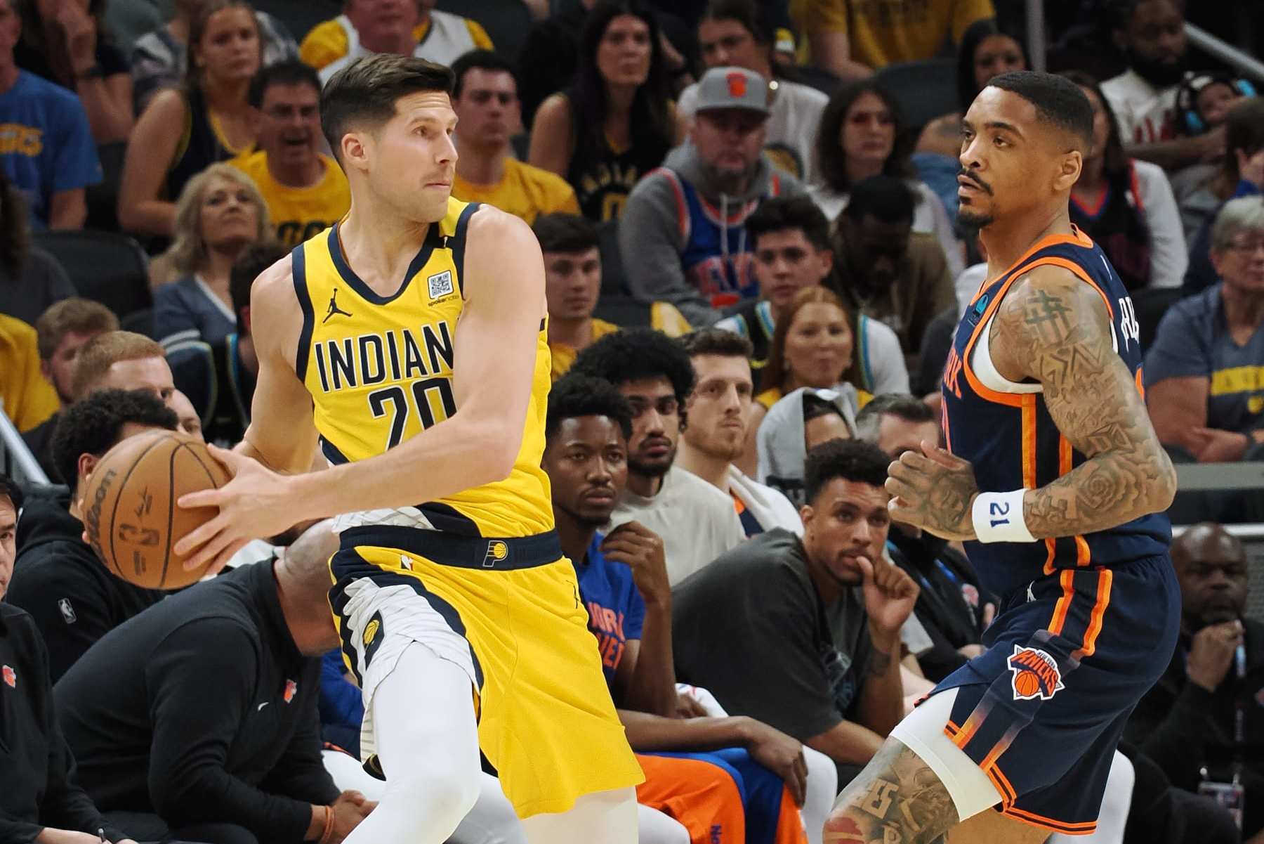 INDIANAPOLIS, IN - MAY 12: Doug McDermott #20 of the Indiana Pacers handles the ball during the game against the New York Knicks during Round 2 Game 4 of the 2024 NBA Playoffs on May 12, 2024 at Gainbridge Fieldhouse in Indianapolis, Indiana. NOTE TO USER: User expressly acknowledges and agrees that, by downloading and or using this Photograph, user is consenting to the terms and conditions of the Getty Images License Agreement. Mandatory Copyright Notice: Copyright 2024 NBAE (Photo by Ron Hoskins/NBAE via Getty Images)