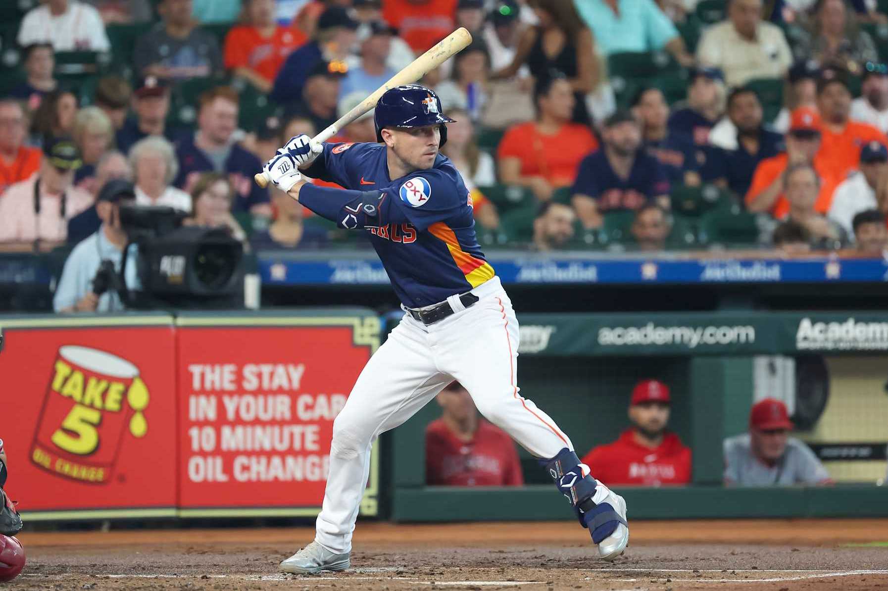 HOUSTON, TX - SEPTEMBER 22: Houston Astros third baseman Alex Bregman (2) watches the pitch in the bottom of the first inning during the MLB game between the Los Angeles Angels and Houston Astros on September 22, 202 at Minute Maid Park in Houston, Texas. (Photo by Leslie Plaza Johnson/Icon Sportswire via Getty Images)
