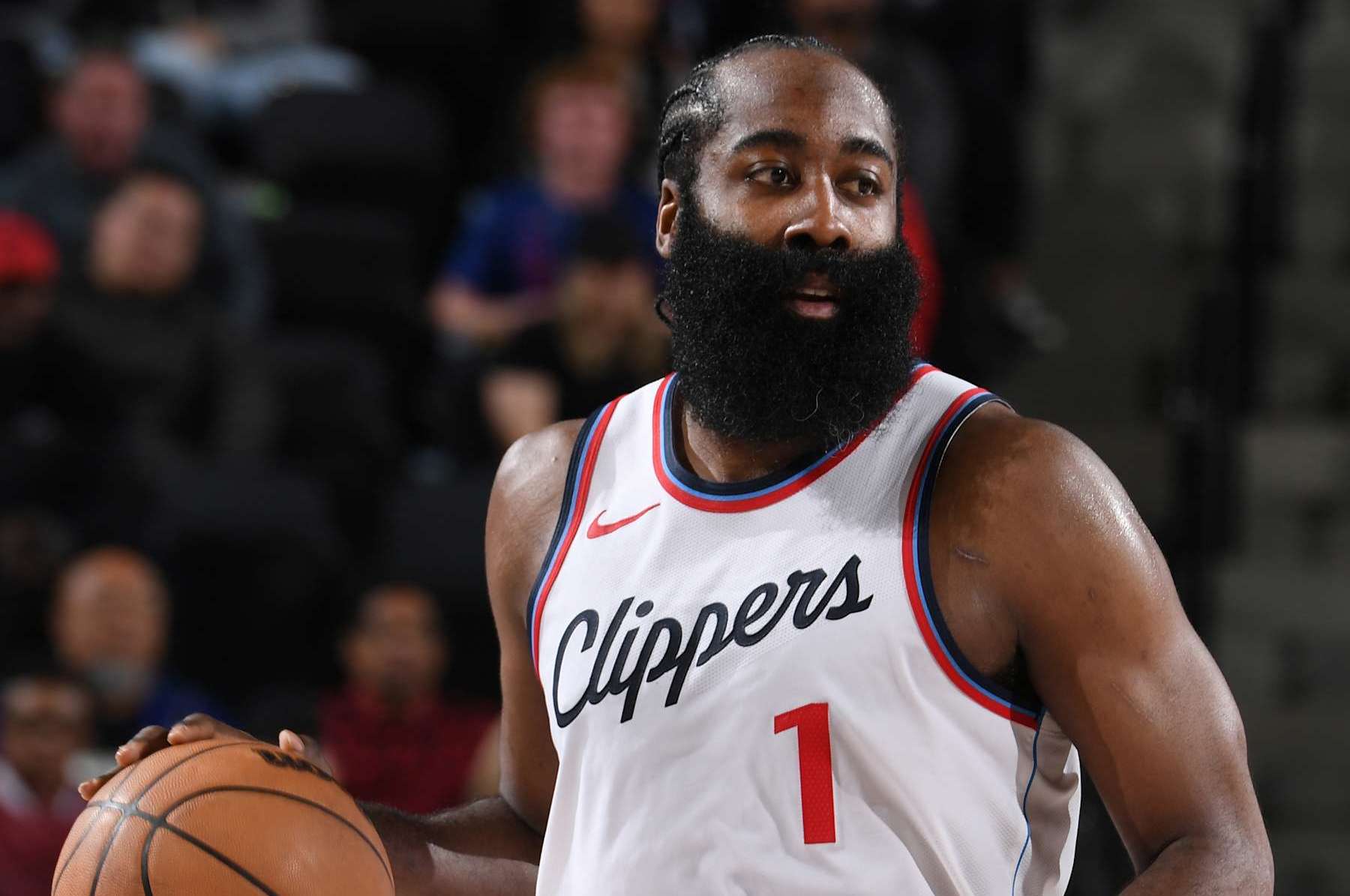 INGLEWOOD, CA - DECEMBER 1: James Harden #1 of the LA Clippers dribbles the ball during the game against the Denver Nuggets on December 1, 2024 at Intuit Dome in Los Angeles, California. NOTE TO USER: User expressly acknowledges and agrees that, by downloading and/or using this Photograph, user is consenting to the terms and conditions of the Getty Images License Agreement. Mandatory Copyright Notice: Copyright 2024 NBAE (Photo by Juan Ocampo/NBAE via Getty Images)