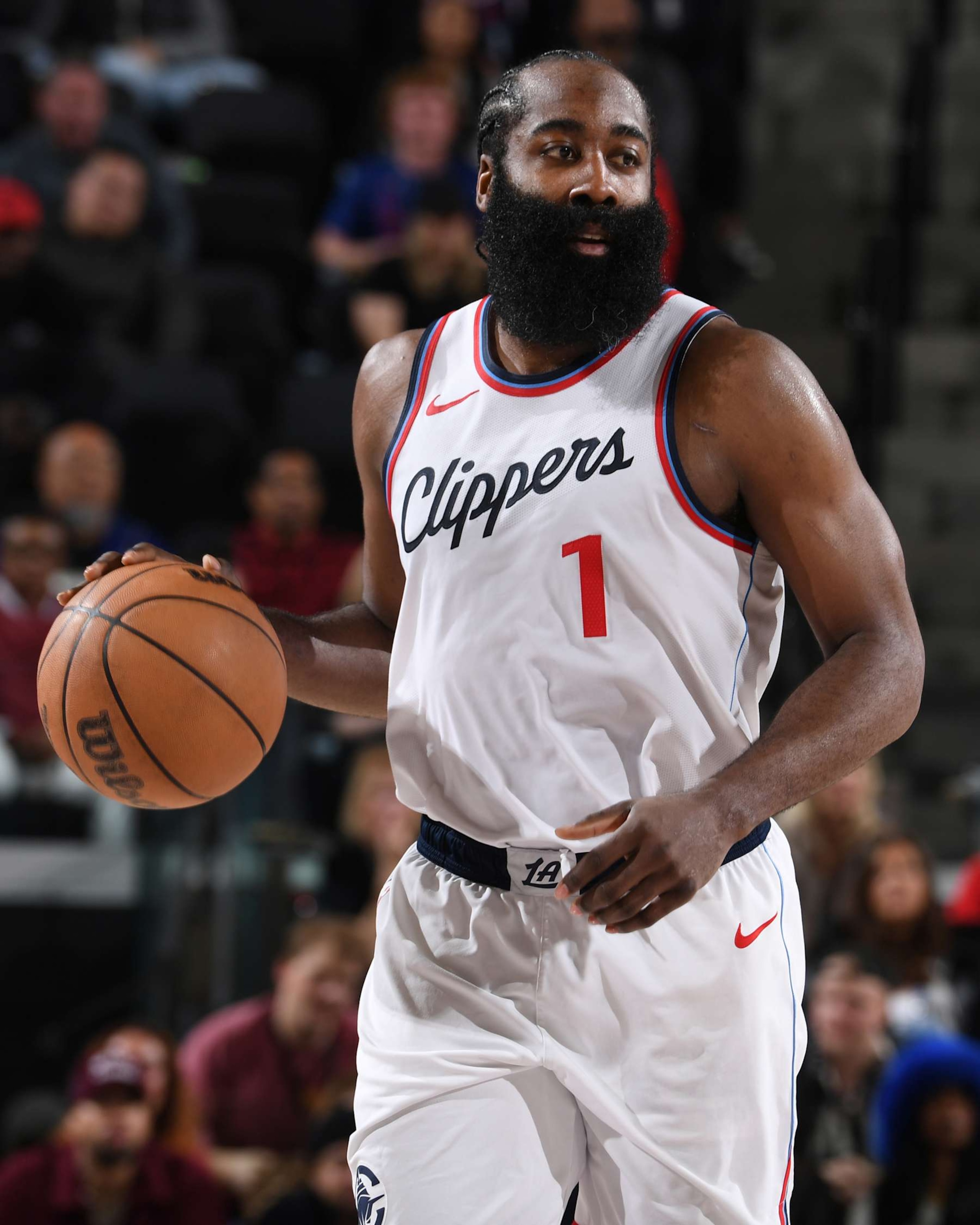 INGLEWOOD, CA - DECEMBER 1: James Harden #1 of the LA Clippers dribbles the ball during the game against the Denver Nuggets on December 1, 2024 at Intuit Dome in Los Angeles, California. NOTE TO USER: User expressly acknowledges and agrees that, by downloading and/or using this Photograph, user is consenting to the terms and conditions of the Getty Images License Agreement. Mandatory Copyright Notice: Copyright 2024 NBAE (Photo by Juan Ocampo/NBAE via Getty Images)