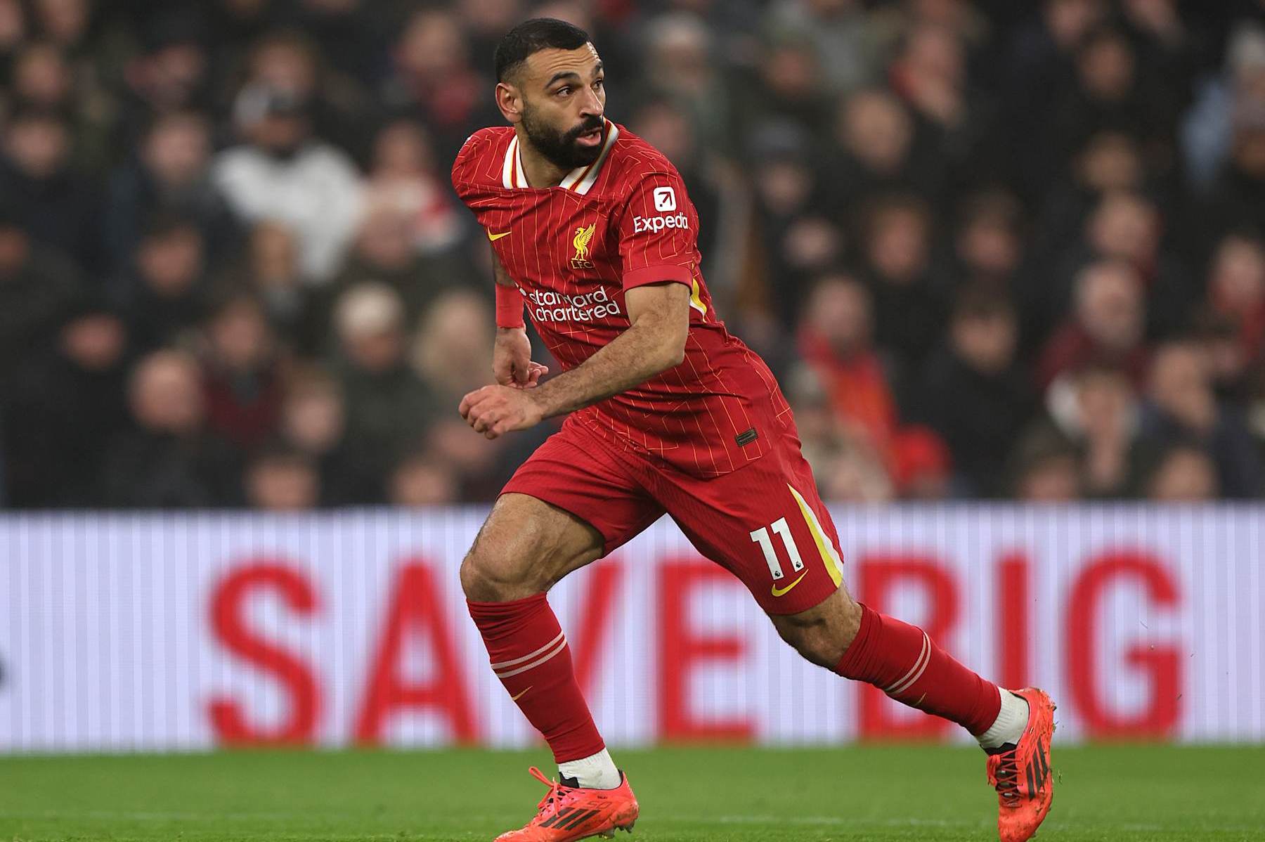 LIVERPOOL, ENGLAND - DECEMBER 26: Mohamed Salah of Liverpool during the Premier League match between Liverpool FC and Leicester City FC at Anfield on December 26, 2024 in Liverpool, England. (Photo by Copa/Getty Images)