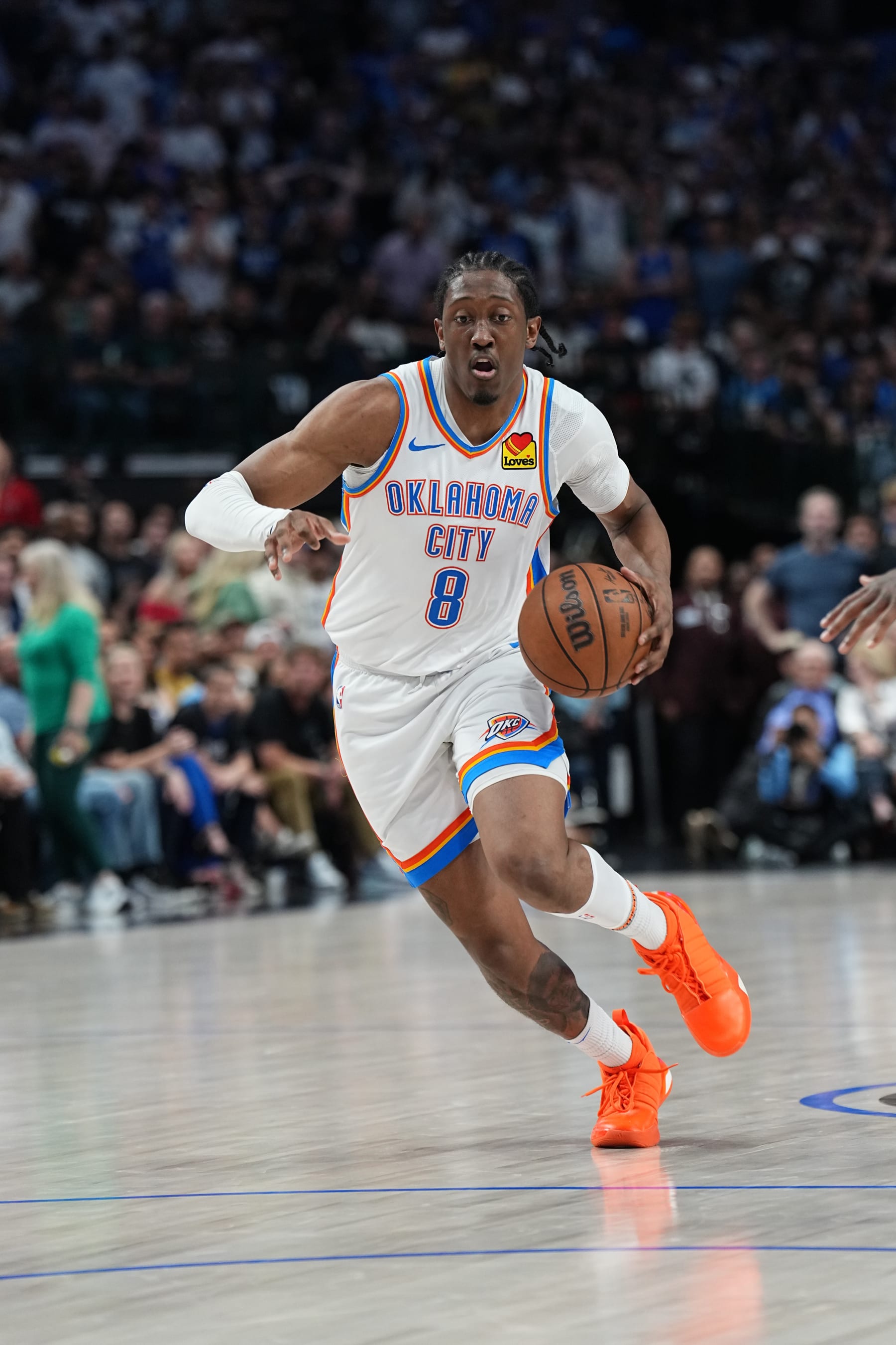 DALLAS, TX - MAY 18:  Jalen Williams #8 of the Oklahoma City Thunder  goes to the basket during the game the Dallas Mavericks during Round 2 Game 6 of the 2024 NBA Playoffs  on May 18, 2024  at the American Airlines Center in Dallas, Texas. NOTE TO USER: User expressly acknowledges and agrees that, by downloading and or using this photograph, User is consenting to the terms and conditions of the Getty Images License Agreement. Mandatory Copyright Notice: Copyright 2024 NBAE (Photo by Glenn James/NBAE via Getty Images)