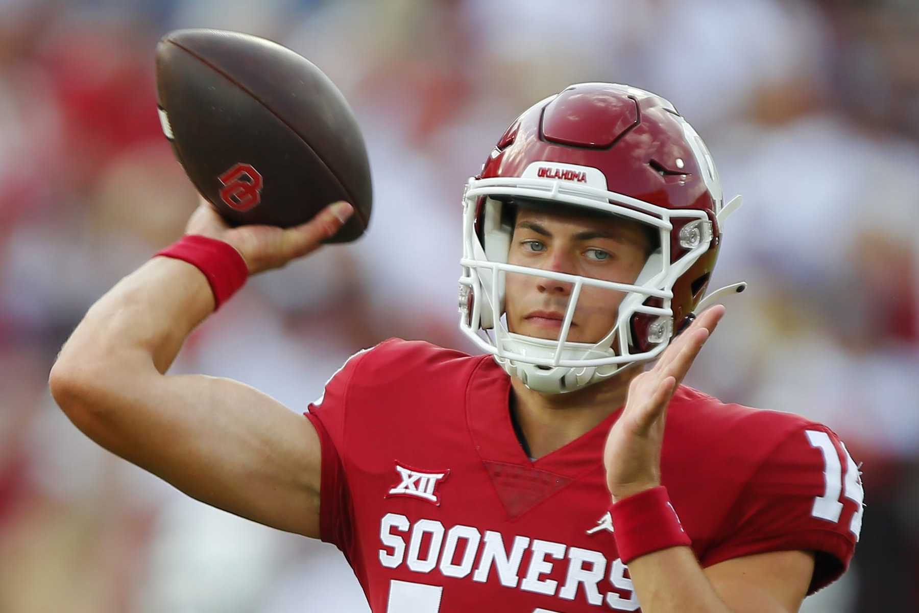 NORMAN, OK - SEPTEMBER 10:  Quarterback General Booty #14 of the Oklahoma Sooners throws a pass before a game against the Kent State Golden Flashes at Gaylord Family Oklahoma Memorial Stadium on September 10, 2022 in Norman, Oklahoma.  Oklahoma won 33-3. (Photo by Brian Bahr/Getty Images)
