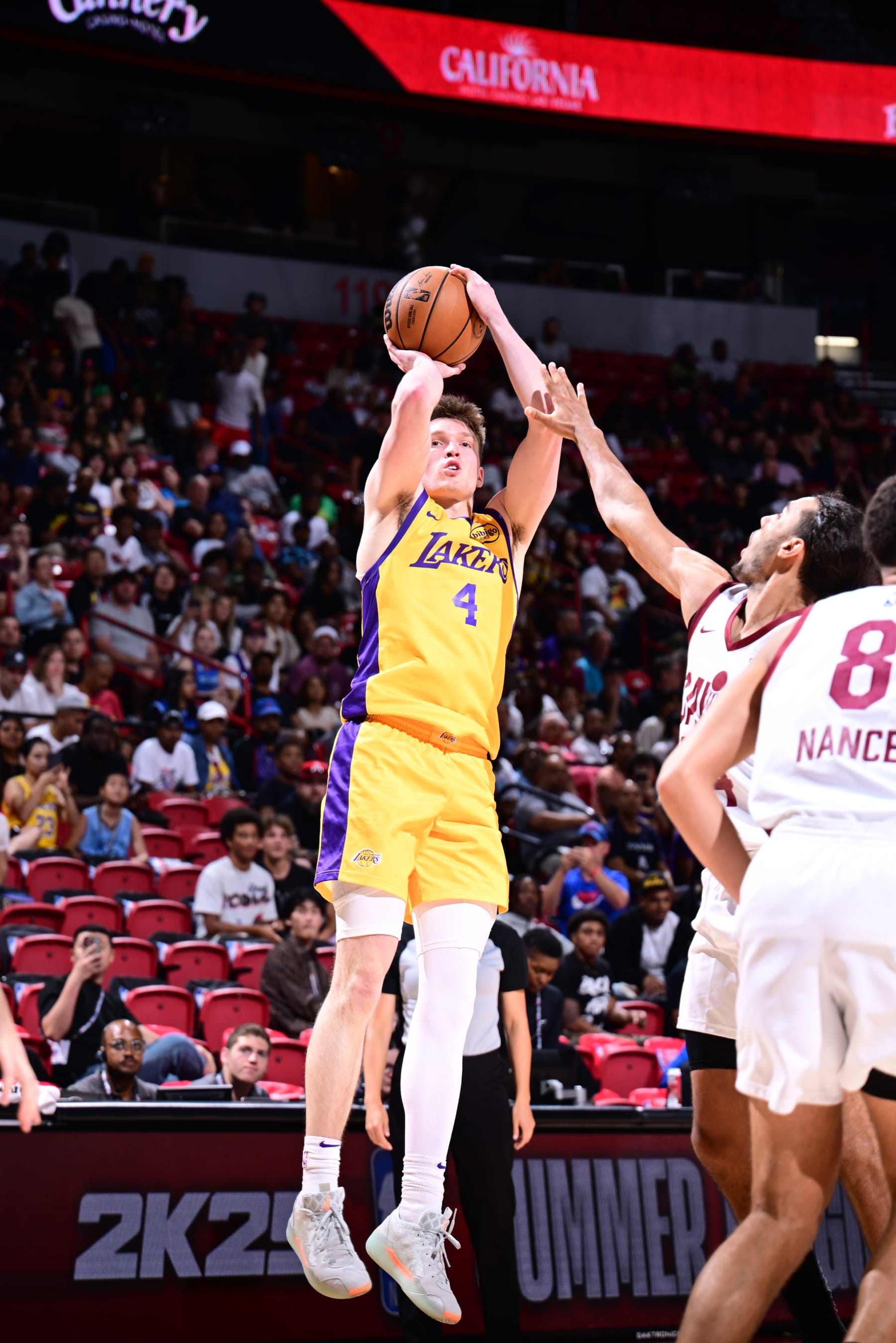 LAS VEGAS, NV - JULY 18:  Dalton Knecht #4 of the Los Angeles Lakers shoots the ball during the game  on July 18, 2024 at the Thomas & Mack Center in Las Vegas, Nevada. NOTE TO USER: User expressly acknowledges and agrees that, by downloading and or using this photograph, User is consenting to the terms and conditions of the Getty Images License Agreement. Mandatory Copyright Notice: Copyright 2024 NBAE (Photo by Adam Hagy/NBAE via Getty Images)