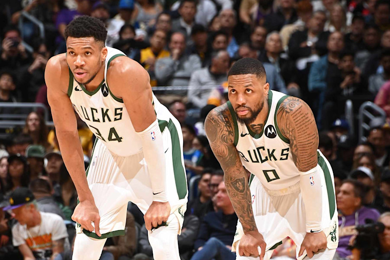 LOS ANGELES, CA - MARCH 8: Giannis Antetokounmpo #34 of the Milwaukee Bucks and Damian Lillard #0 of the Milwaukee Bucks look on during the game against the Los Angeles Lakers on March 8, 2024 at Crypto.Com Arena in Los Angeles, California. NOTE TO USER: User expressly acknowledges and agrees that, by downloading and/or using this Photograph, user is consenting to the terms and conditions of the Getty Images License Agreement. Mandatory Copyright Notice: Copyright 2024 NBAE (Photo by Andrew D. Bernstein/NBAE via Getty Images)