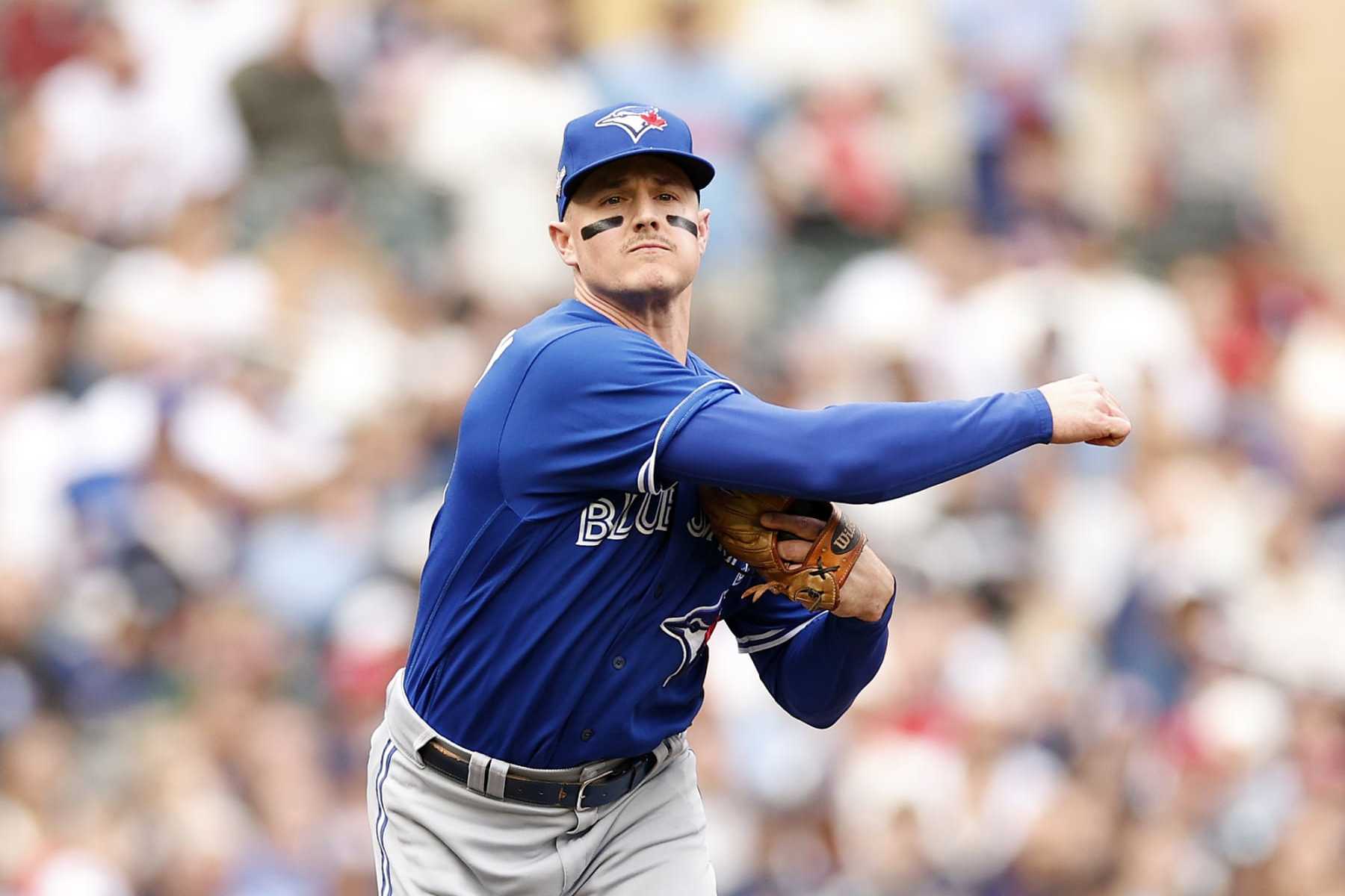 MINNEAPOLIS, MINNESOTA - OCTOBER 04: Matt Chapman #26 of the Toronto Blue Jays throws to first base on a ball hit by Max Kepler #26 of the Minnesota Twins during the second inning in Game Two of the Wild Card Series at Target Field on October 04, 2023 in Minneapolis, Minnesota. (Photo by David Berding/Getty Images)