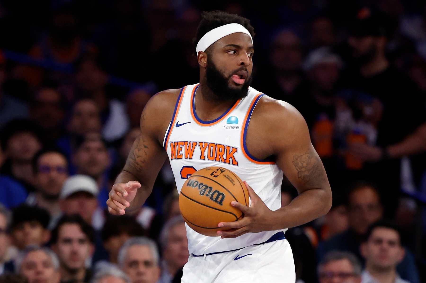 NEW YORK, NEW YORK - MAY 06: Mitchell Robinson #23 of the New York Knicks dribbles against the Indiana Pacers during Game One of the Eastern Conference Second Round Playoffs at Madison Square Garden on May 06, 2024 in New York City. NOTE TO USER: User expressly acknowledges and agrees that, by downloading and or using this photograph, User is consenting to the terms and conditions of the Getty Images License Agreement.  (Photo by Sarah Stier/Getty Images)