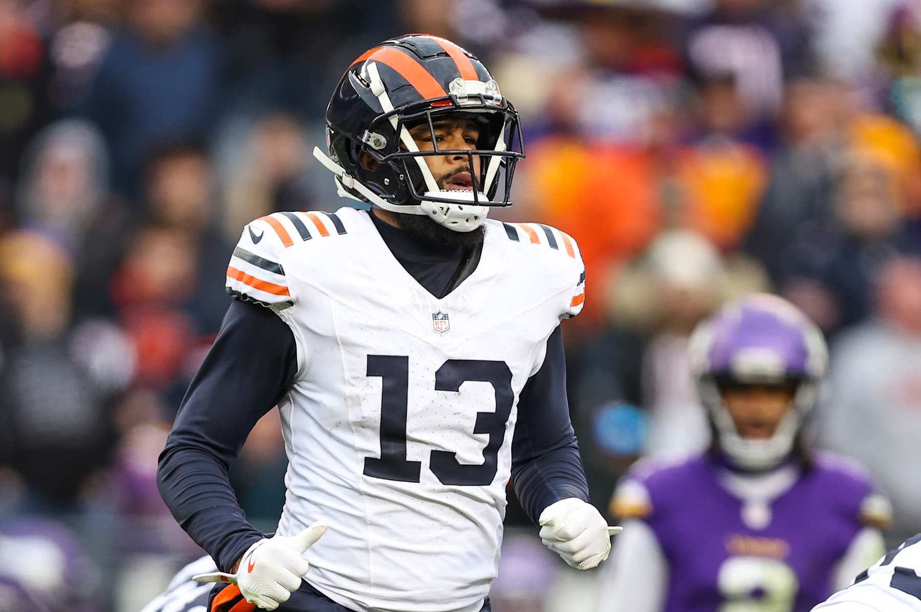 CHICAGO, ILLINOIS - NOVEMBER 24: Keenan Allen #13 of the Chicago Bears is set in motion during an NFL football game against the Minnesota Vikings at Soldier Field on November 24, 2024 in Chicago, Illinois. (Photo by Perry Knotts/Getty Images)