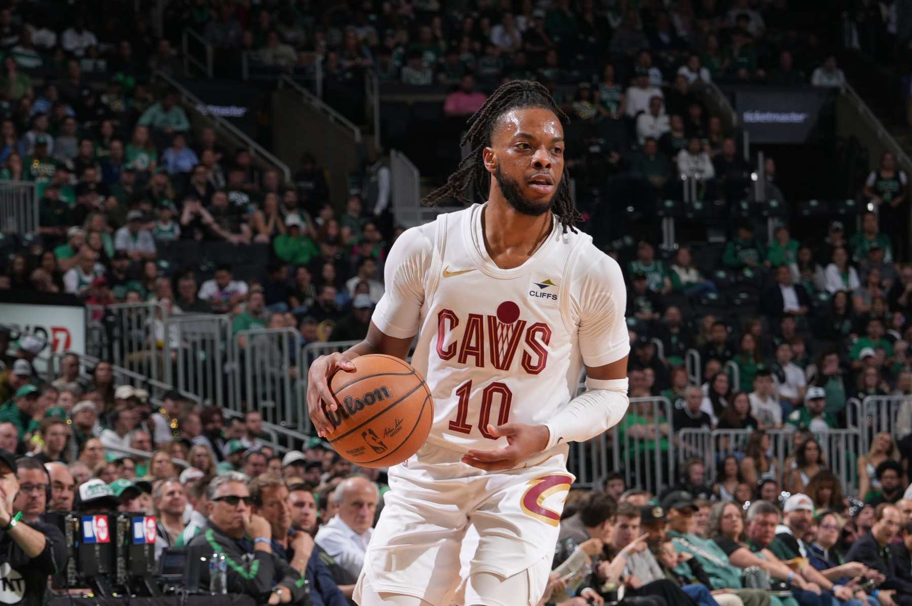 BOSTON, MA - MAY 15: Darius Garland #10 of the Cleveland Cavaliers dribbles the ball during the game against the Boston Celtics during Round 2 Game 5 of the 2024 NBA Playoffs on May 15, 2024 at the TD Garden in Boston, Massachusetts. NOTE TO USER: User expressly acknowledges and agrees that, by downloading and or using this photograph, User is consenting to the terms and conditions of the Getty Images License Agreement. Mandatory Copyright Notice: Copyright 2024 NBAE  (Photo by Jesse D. Garrabrant/NBAE via Getty Images)