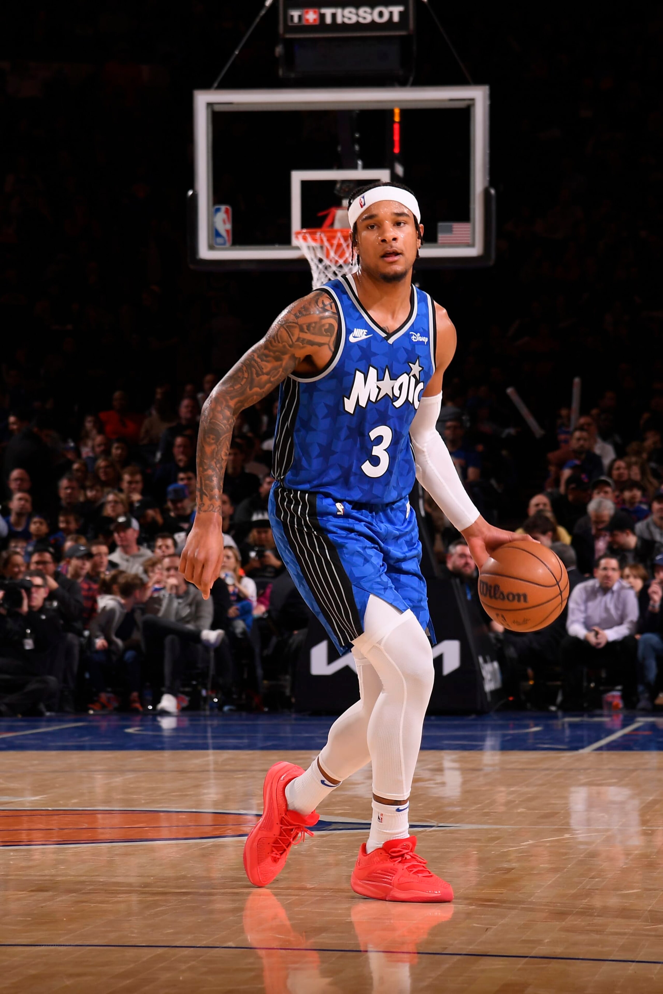 NEW YORK, NY - JANUARY 15: Chuma Okeke #3 of the Orlando Magic dribbles the ball during the game against the New York Knicks on January 15, 2024 at Madison Square Garden in New York City, New York.  NOTE TO USER: User expressly acknowledges and agrees that, by downloading and or using this photograph, User is consenting to the terms and conditions of the Getty Images License Agreement. Mandatory Copyright Notice: Copyright 2024 NBAE  (Photo by Brian Babineau/NBAE via Getty Images)