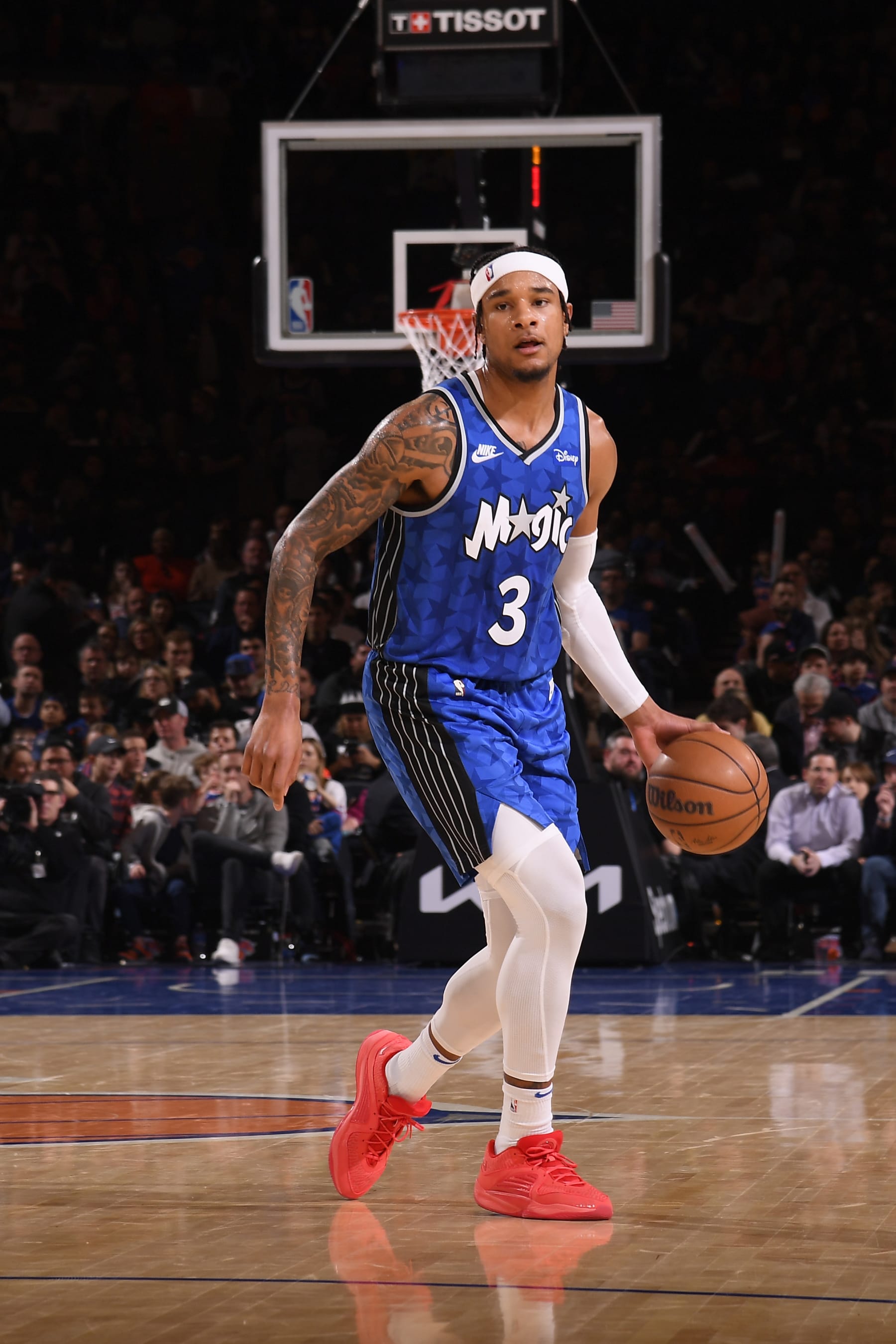 NEW YORK, NY - JANUARY 15: Chuma Okeke #3 of the Orlando Magic dribbles the ball during the game against the New York Knicks on January 15, 2024 at Madison Square Garden in New York City, New York.  NOTE TO USER: User expressly acknowledges and agrees that, by downloading and or using this photograph, User is consenting to the terms and conditions of the Getty Images License Agreement. Mandatory Copyright Notice: Copyright 2024 NBAE  (Photo by Brian Babineau/NBAE via Getty Images)