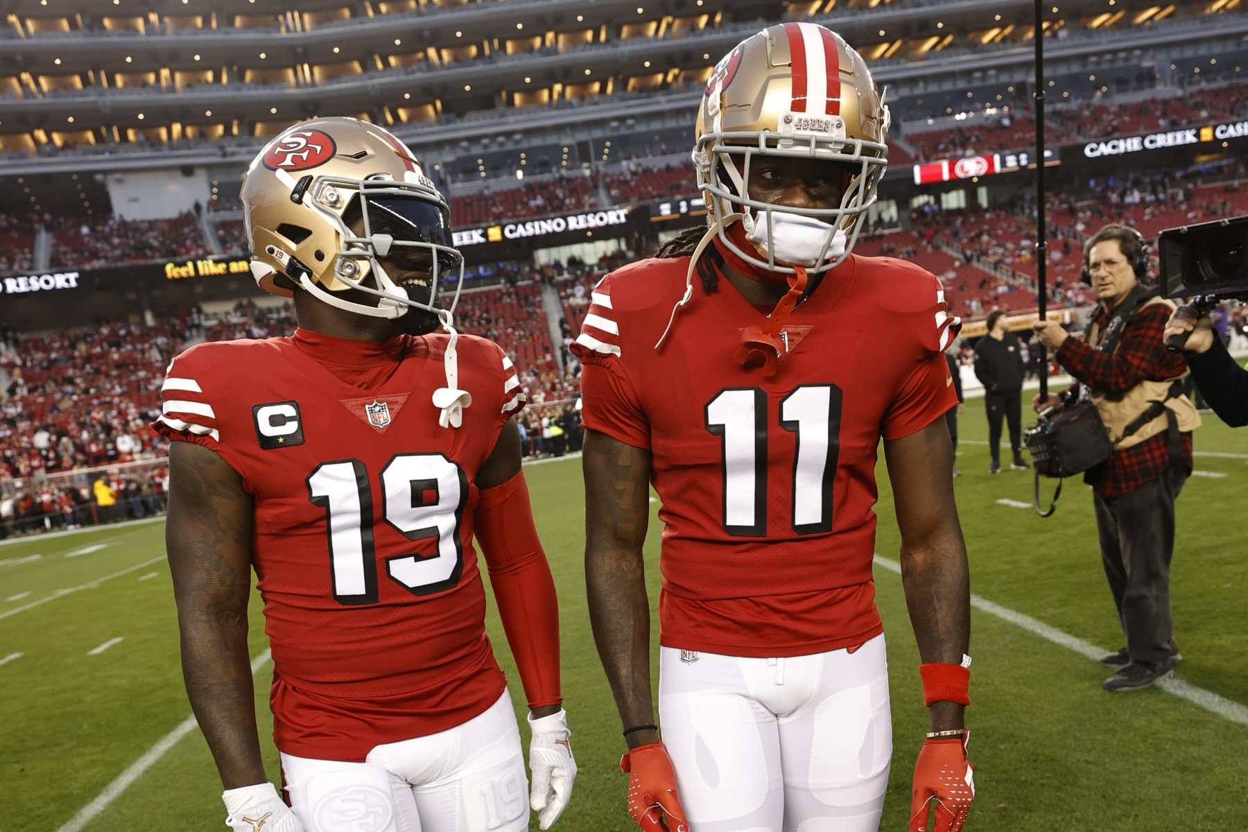 SANTA CLARA, CA - DECEMBER 25: Deebo Samuel #19 and Brandon Aiyuk #11 of the San Francisco 49ers before the game against the Baltimore Ravens at Levi's Stadium on December 25, 2023 in Santa Clara, California. The Ravens defeated the 49ers 33-19. (Photo by Michael Zagaris/San Francisco 49ers/Getty Images)