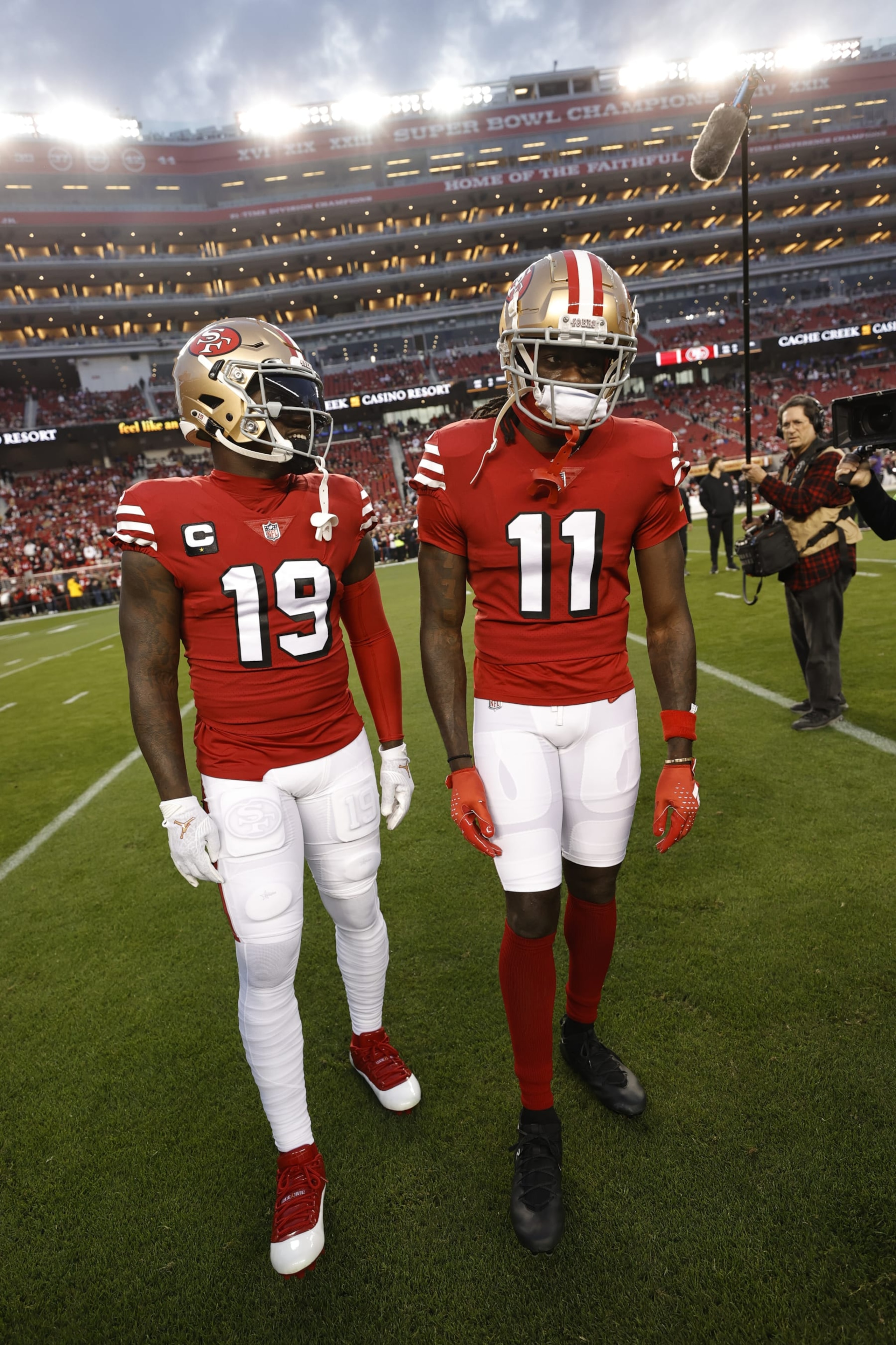 SANTA CLARA, CA - DECEMBER 25: Deebo Samuel #19 and Brandon Aiyuk #11 of the San Francisco 49ers before the game against the Baltimore Ravens at Levi's Stadium on December 25, 2023 in Santa Clara, California. The Ravens defeated the 49ers 33-19. (Photo by Michael Zagaris/San Francisco 49ers/Getty Images)